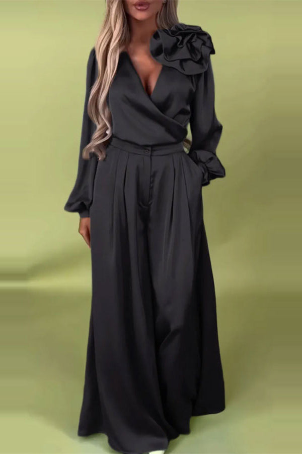 Elegant Solid Color V-Neck Long Sleeve Blouse with Floral Embroidery & Casual Pocket Wide Leg Pants Set - Perfect for Office Wear, Date Night and Spring Outfits