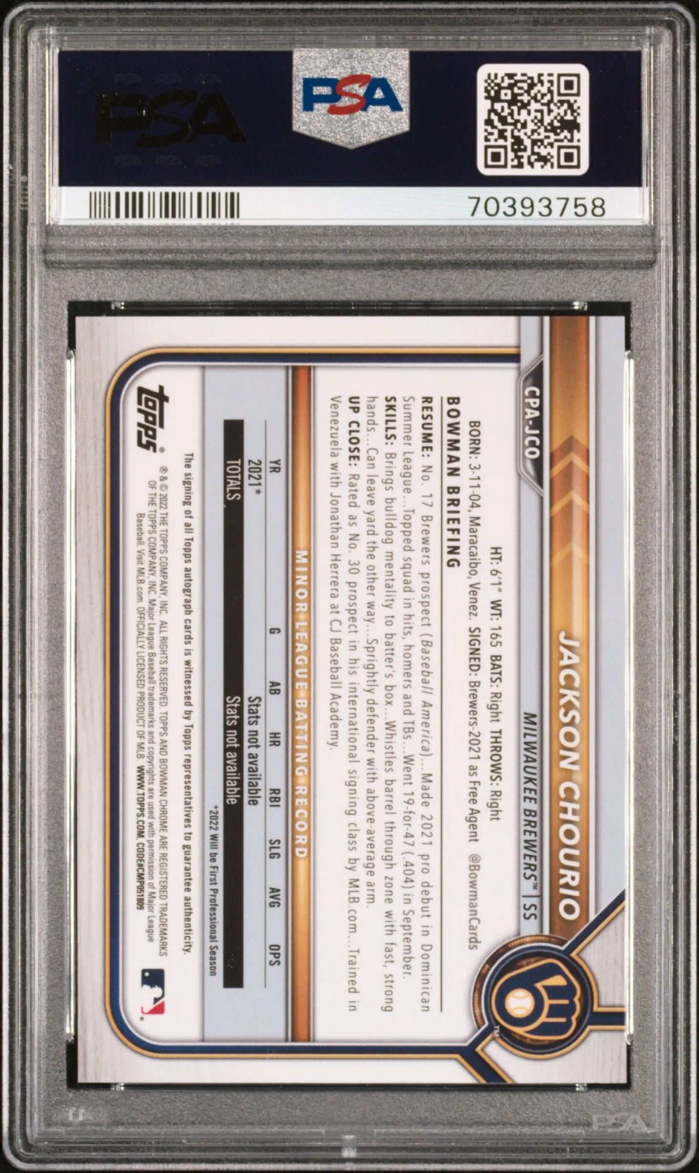 2022 Bowman Chrome Jackson Chourio Prospect Autograph Rookie Card PSA 10 Gem Mint - Perfect for Baseball Card Collectors & Milwaukee Brewers Fans