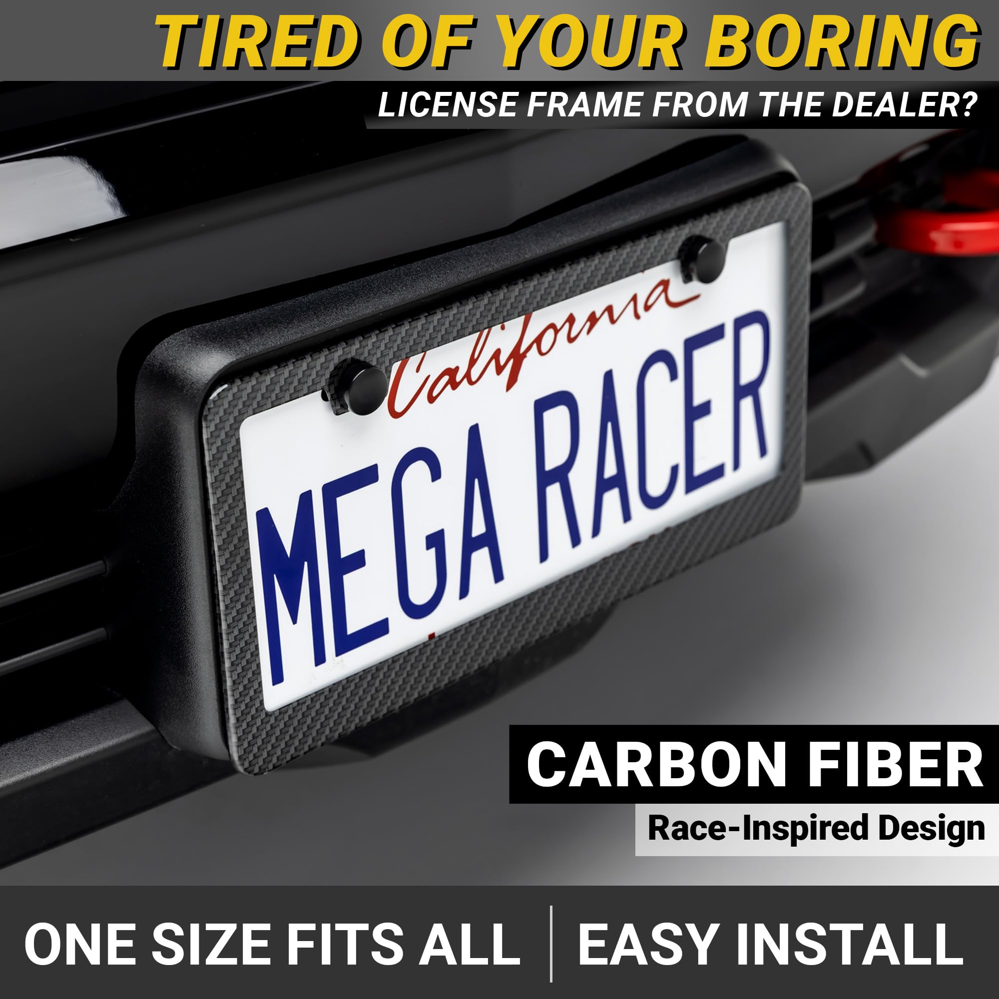 Premium Carbon Fiber Printed Front & Rear License Plate Frames - Black Aluminum Metal with Stainless Steel Screws & Plastic Caps (2-Pack) - Durable Car Accessories for Trucks, SUVs & Luxury Vehicles