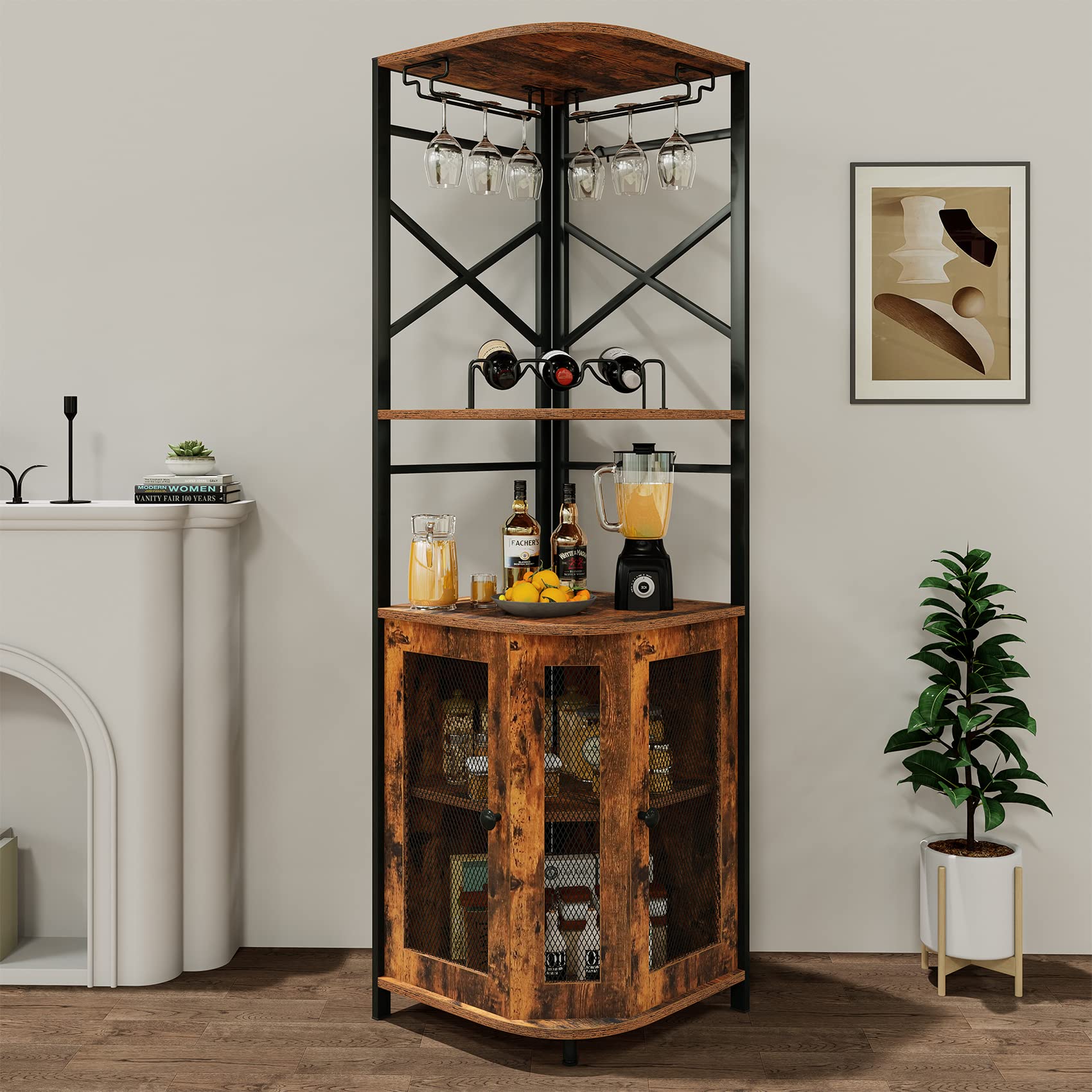 Rustic Brown Corner Bar Cabinet with Wine Rack, Glass Holder & Adjustable Shelves - Mesh Door Liquor Storage Cabinet for Home Bar, Dining Room or Entertainment Area