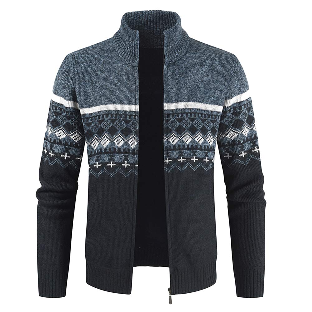 YOUTHUP Men's Knitted Cardigan - Fleece Lined Winter Sweater with Pattern Design, Warm Thick Coat for Cold Weather | Perfect for Outdoor Activities, Office Wear & Casual Outfits