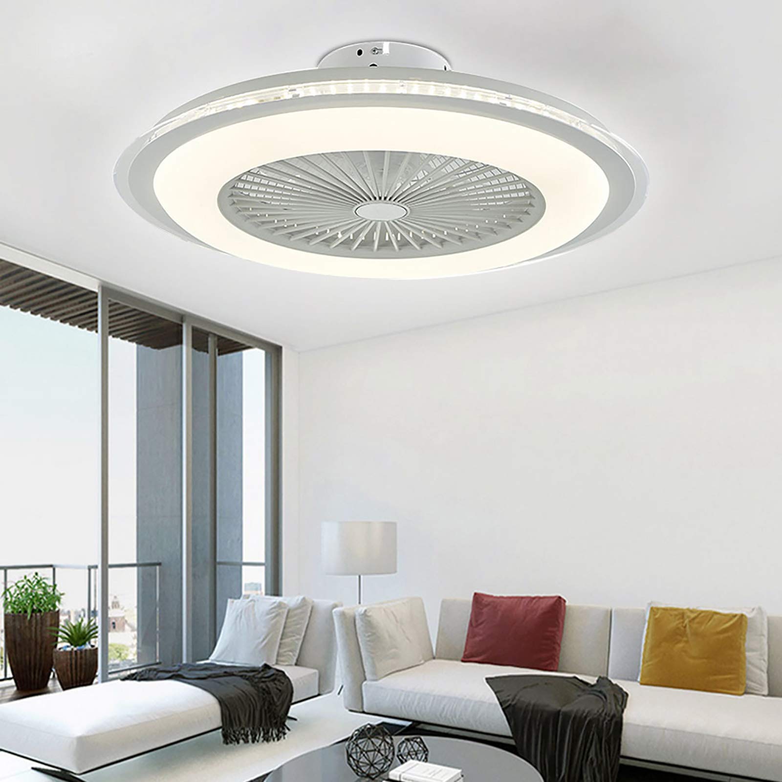 OUKANING 23 Inch White LED Ceiling Fan with Remote Control - Dimmable Light & Adjustable Wind Speed, Modern Chandelier for Bedroom, Living Room & Dining Room Lighting