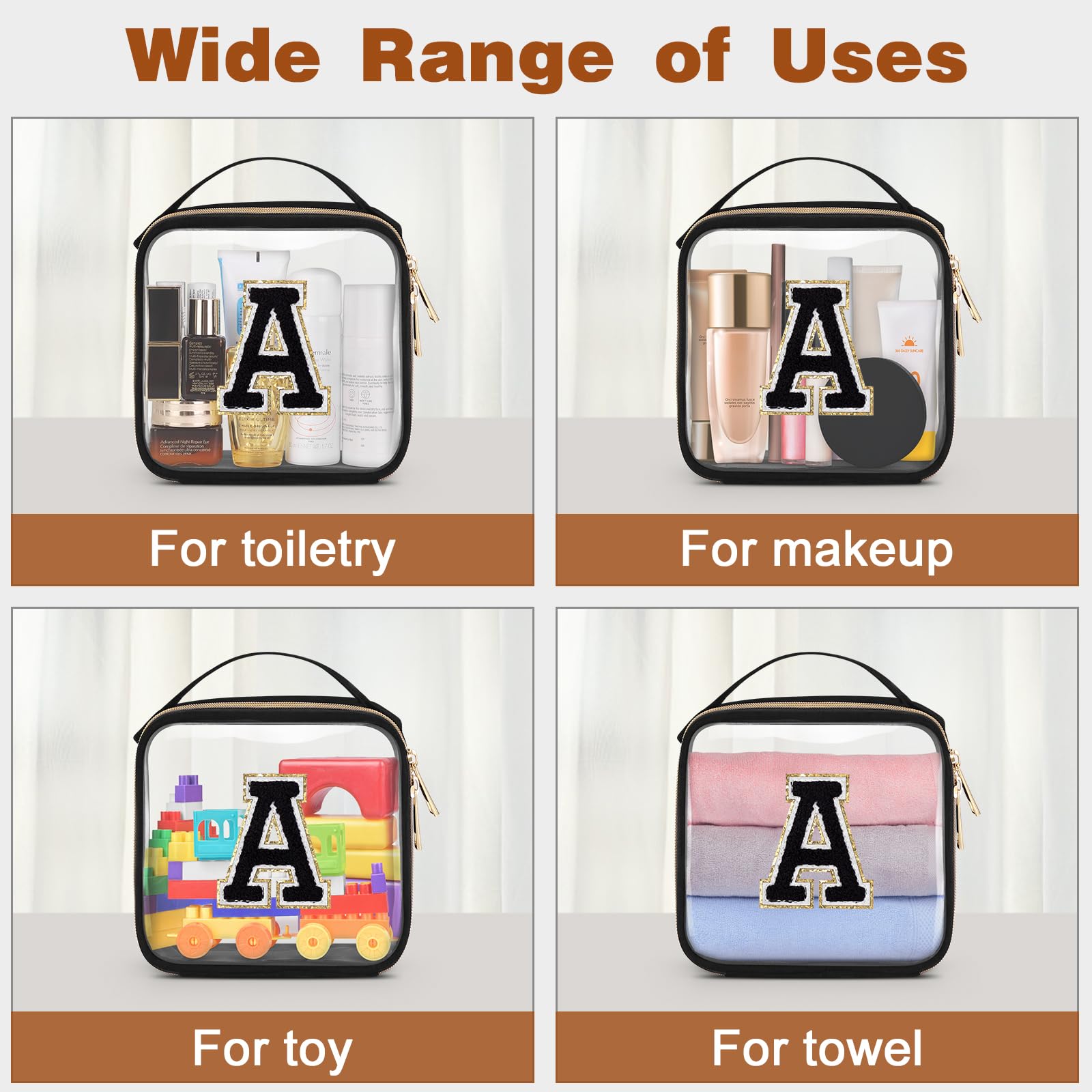 TSA Approved Clear Toiletry Bag for Travel - PVC Transparent Makeup Cosmetic Bag with Handles & Chenille Letter Design, Large Opening Carry-On Airport Organizer (Letter A) - Perfect for Air Travel, Vacation Essentials & Daily Beauty Storage
