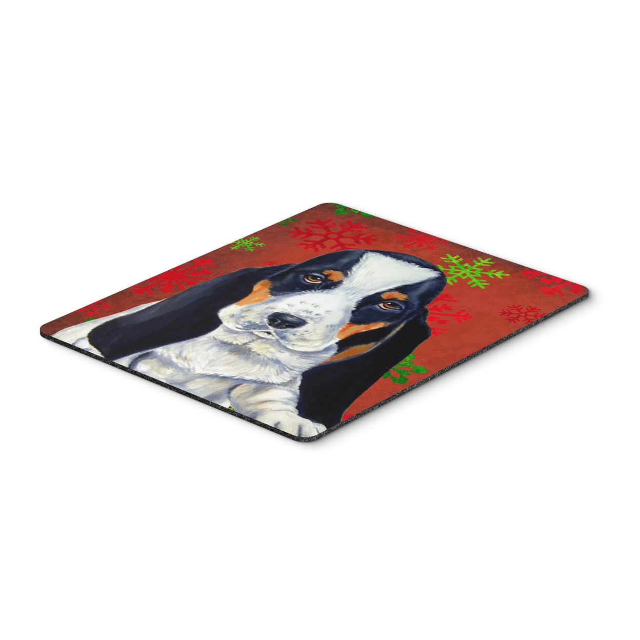 Caroline's Treasures LH9329MP Basset Hound Holiday Mouse Pad - Christmas Themed Red & Green Snowflakes Design, Non-Slip Large Mouse Mat for Home Office, Gaming, Computer & Laptop Use - Perfect Gift for Dog Lovers & Christmas Decor - Washable & Durable