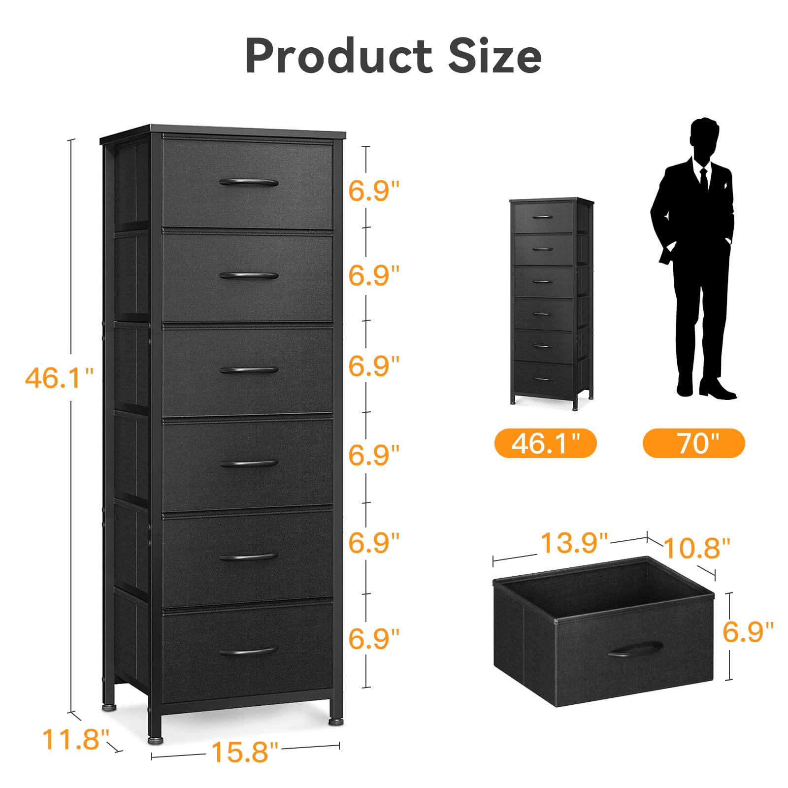 AODK 6-Drawer Tall Dresser for Bedroom - Fabric Storage Organizer with Wood Top & Steel Frame - Black Chest of Drawers for Closet, Living Room, Entryway, Hallway | Perfect for Small Space Organization & Home Decor