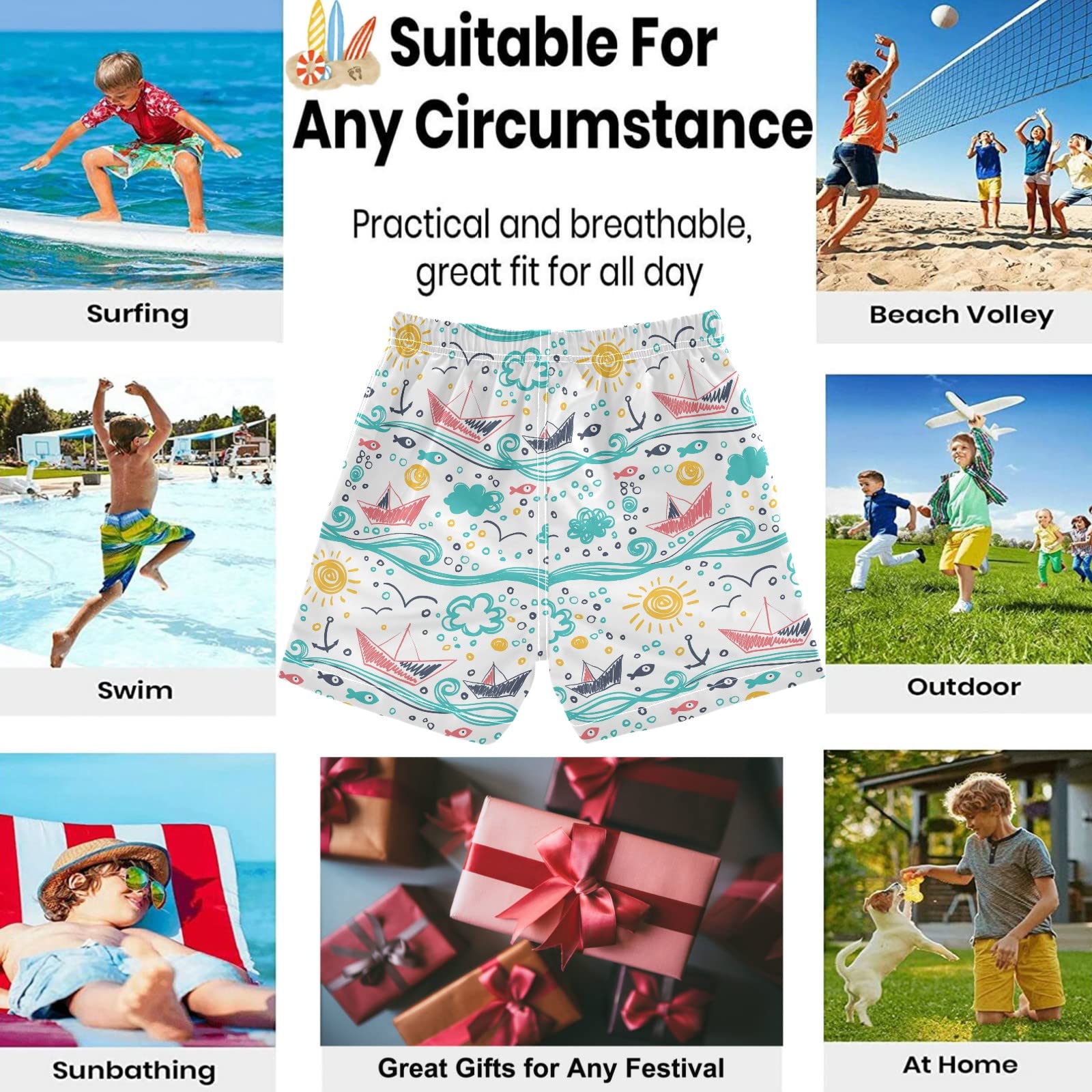 Visesunny Boys' Swim Trunks - Cute Sea Boat Fish Anchor Design, Toddler Bathing Suits for Kids, Quick-Dry Baby Boy Swimwear | Perfect for Beach, Pool, and Summer Water Activities