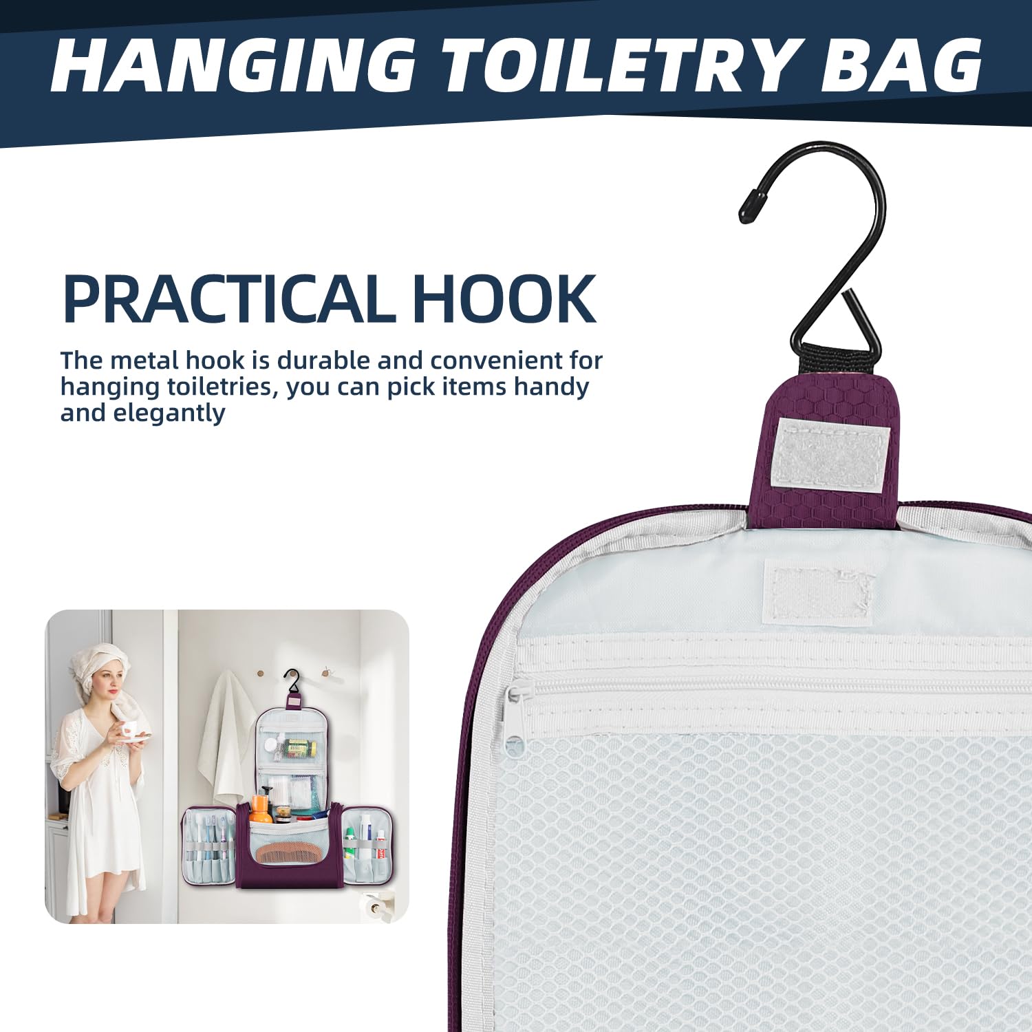 Premium Large Capacity Hanging Toiletry Bag for Women & Men - Waterproof Travel Cosmetic Organizer with Multiple Pockets for Makeup, Shaving Essentials & Full-Sized Toiletries (Purple) | Ideal for Vacation, Business Trips & Gym Use