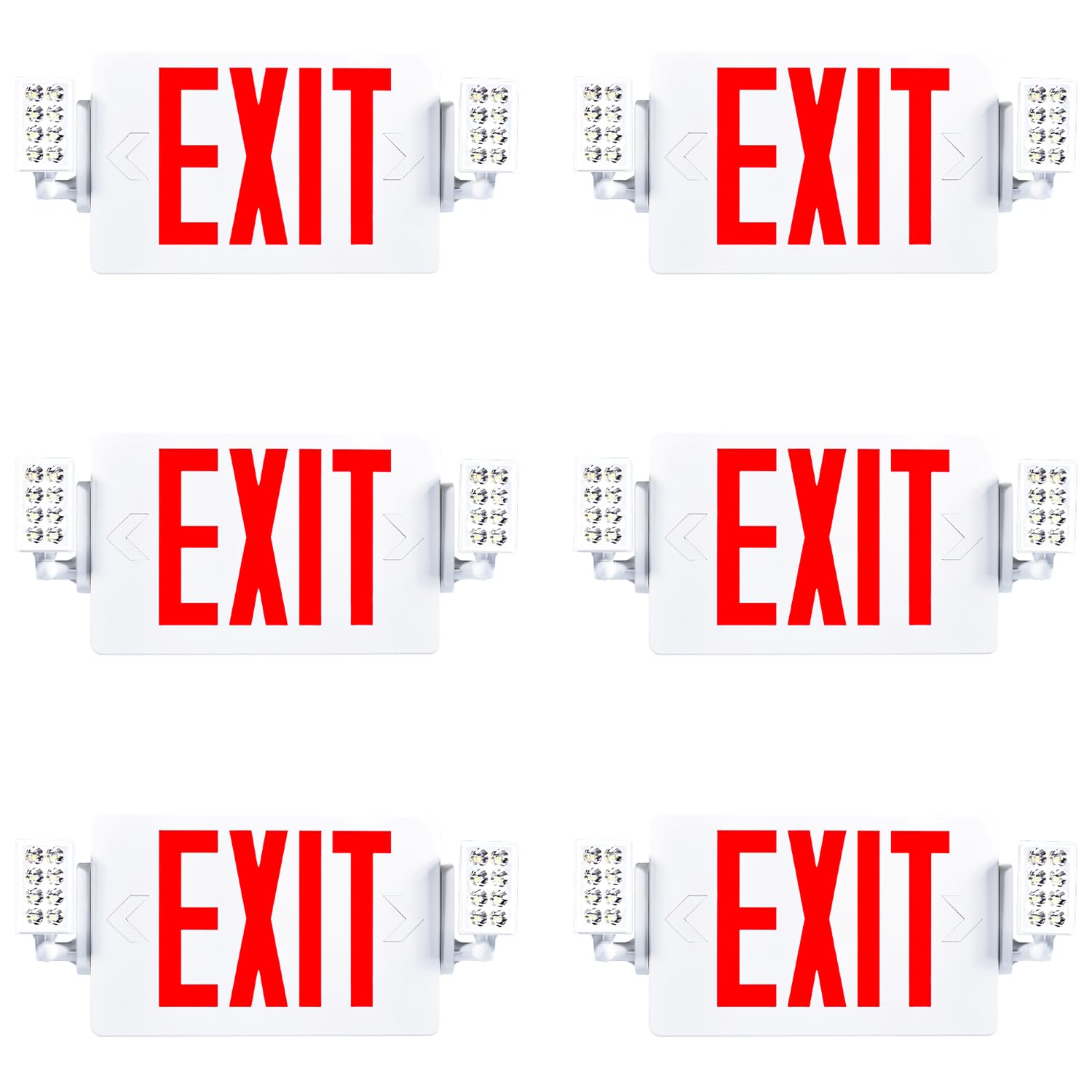 Sunco 6 Pack UL Listed Commercial Grade Exit Signs with Emergency Lights - 2 Adjustable LED Lights & Backup Battery, 94V-0 Fire Resistant, 120-277V, Red - Wall or Ceiling Mount for Office Buildings, Warehouses & Public Safety Areas
