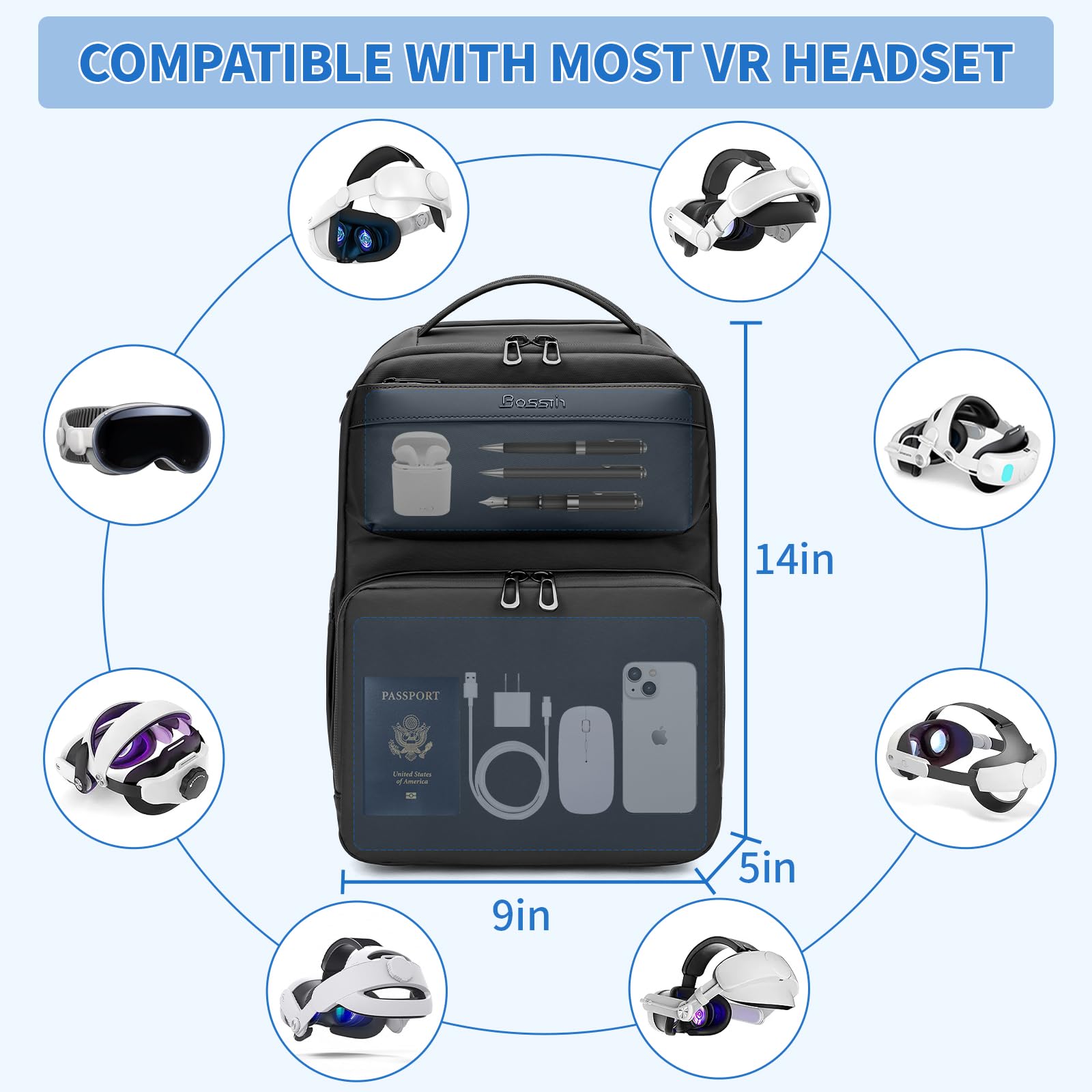 BOSSTIN Travel Carrying Case for Oculus Meta Quest 2 3 & Vision Pro - Protective VR Headset Storage Bag (Black) - Perfect for Travel, Gaming & Safe Storage