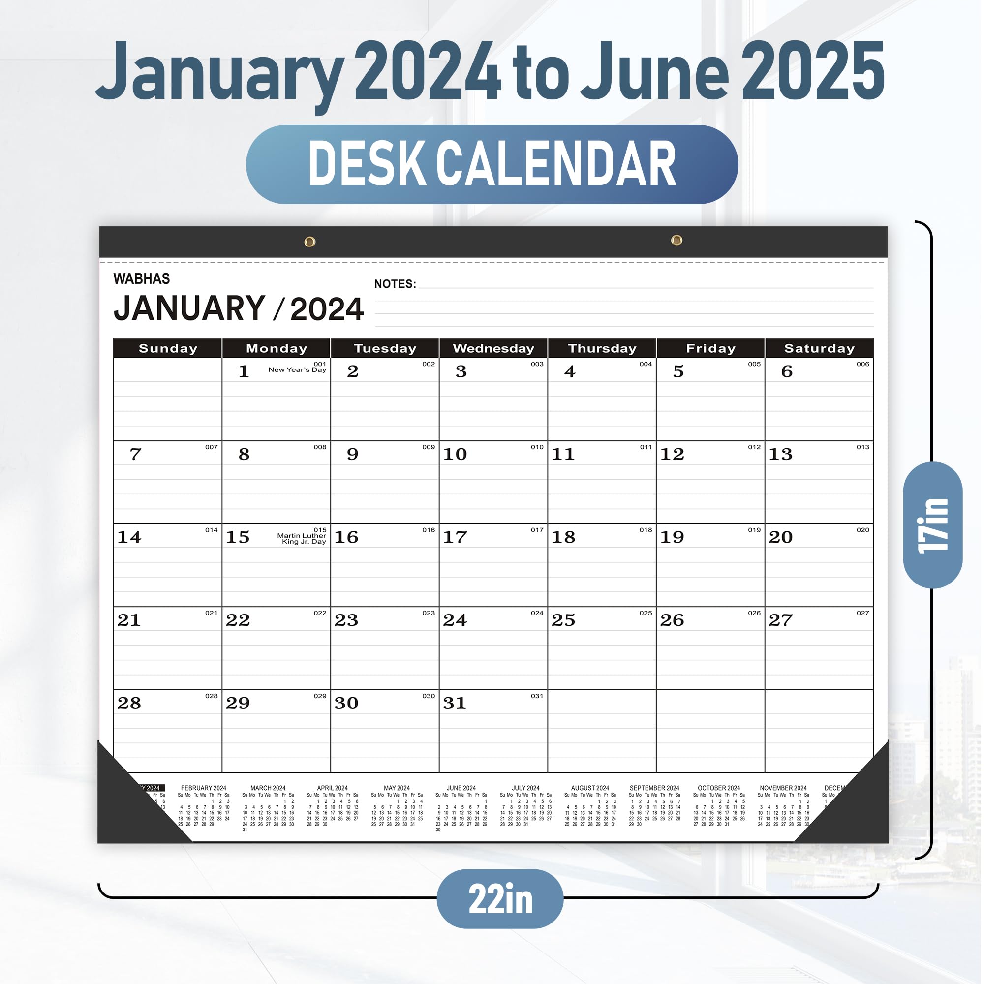 2024-2025 Large Desk Calendar 22x17 Inches - 18 Monthly Pages with Round Holes & Notes Section - Perfect for Office, Home, School and Gift Giving (Black)