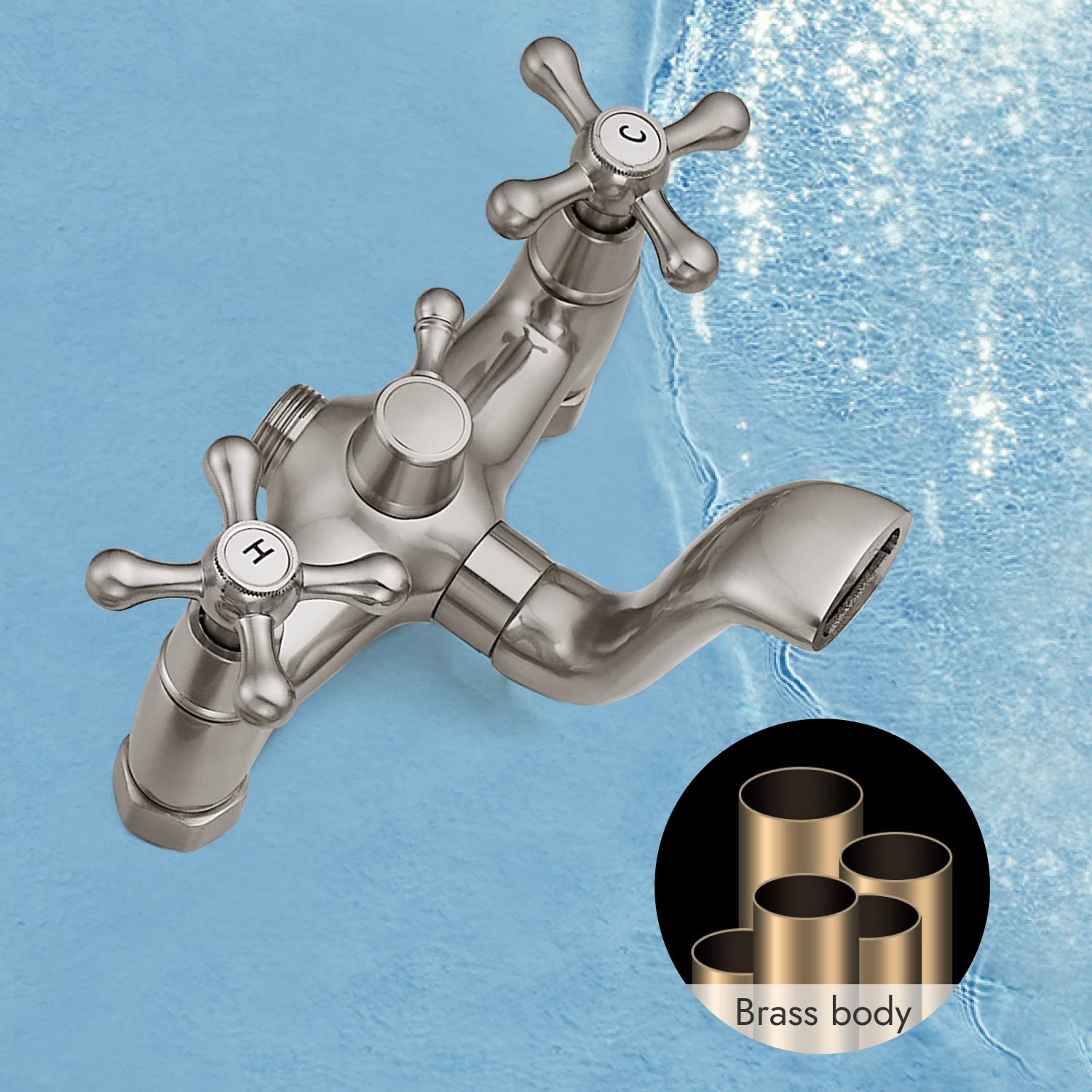 Brushed Nickel Freestanding Bathtub Faucet - Floor Mount Tub Filler with Double Cross Knobs & Handheld Shower - Modern Telephone Shape Bath Mixer Tap for Spa-Like Bathroom Relaxation