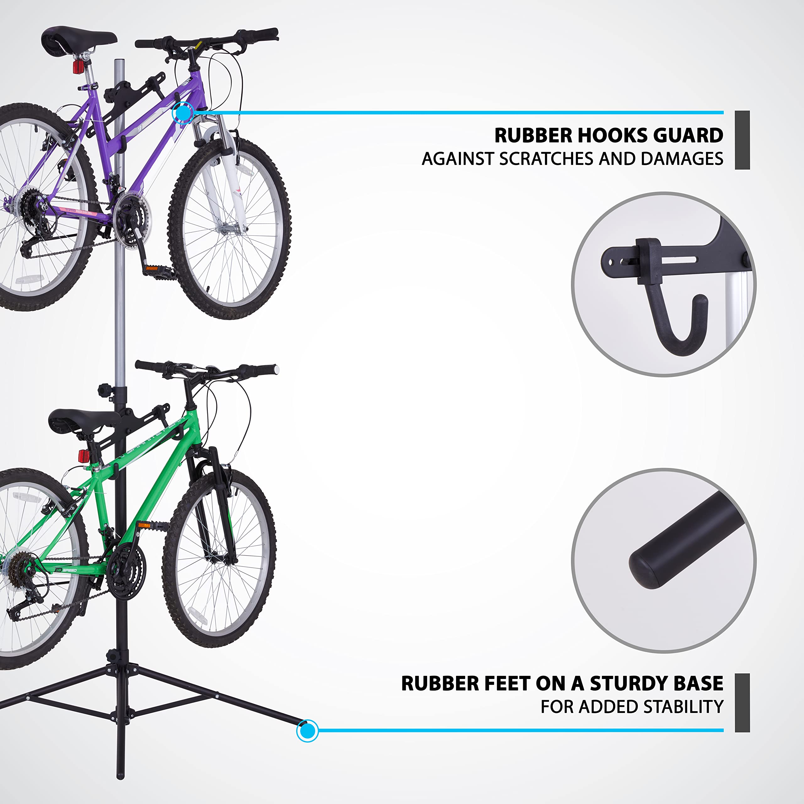 RaxGo Foldable Freestanding Bike Storage Rack for 2 Bikes - Adjustable Hook Floor Stand for Mountain & Road Bicycles - Space Saving Garage & Indoor Bike Organizer - Perfect for Home, Apartment & Small Spaces