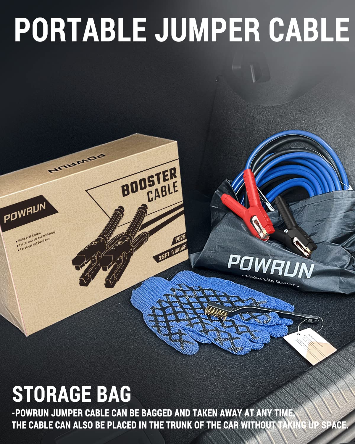 Powrun P025 Heavy Duty 1000A Jumper Cables for 12V/24V Car Battery - Booster Cables with Carrying Bag for Vehicles up to 8.0L Gas & 6.0L Diesel Engines - Emergency Car Jump Starter Kit for Trucks, SUVs, and Sedans