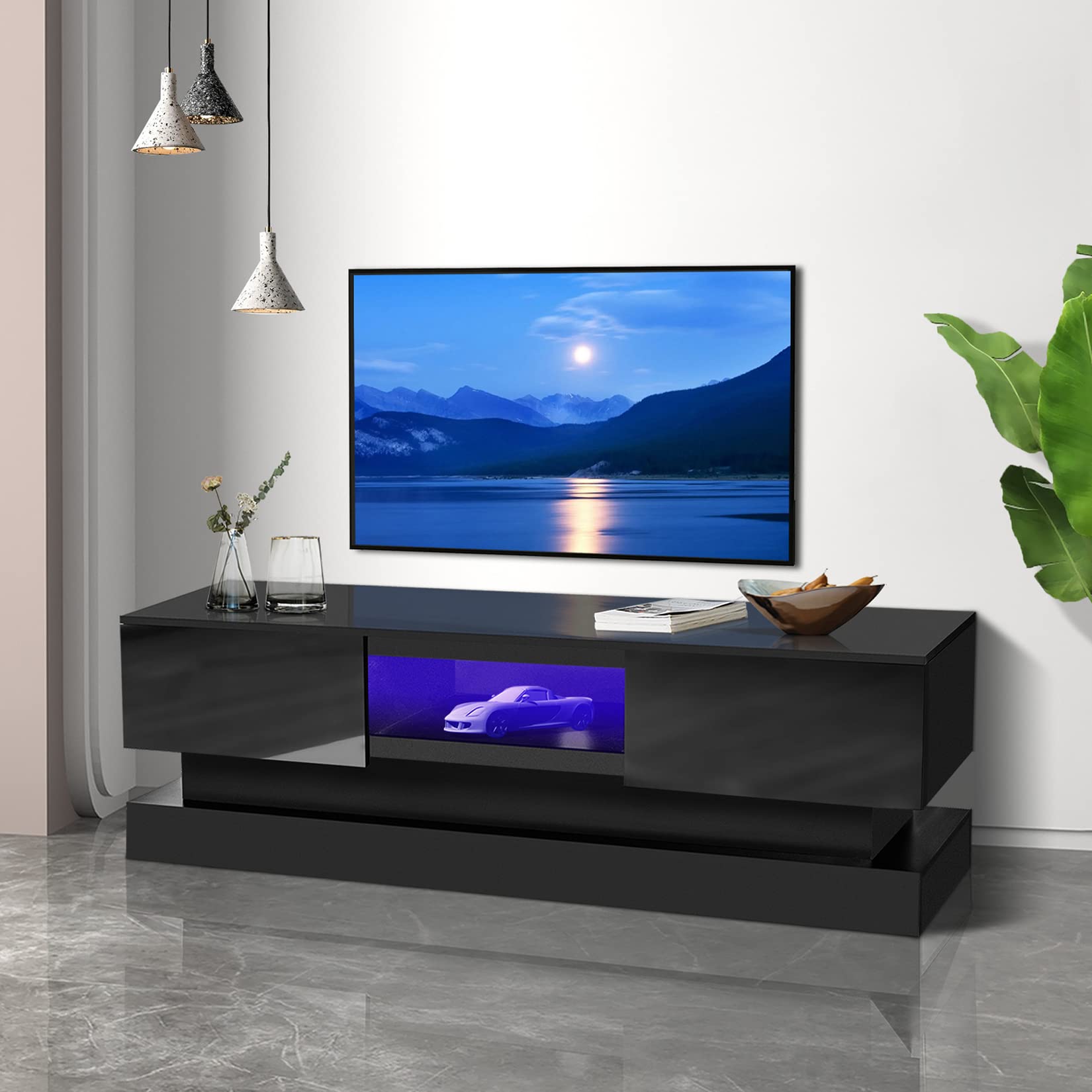 1.3M Modern High Gloss TV Stand with LED Lights - 2-Drawer Entertainment Center Media Console for 55 Inch TV, Black | Living Room Storage Cabinet with 16-Color Lighting for Home Theater Setup