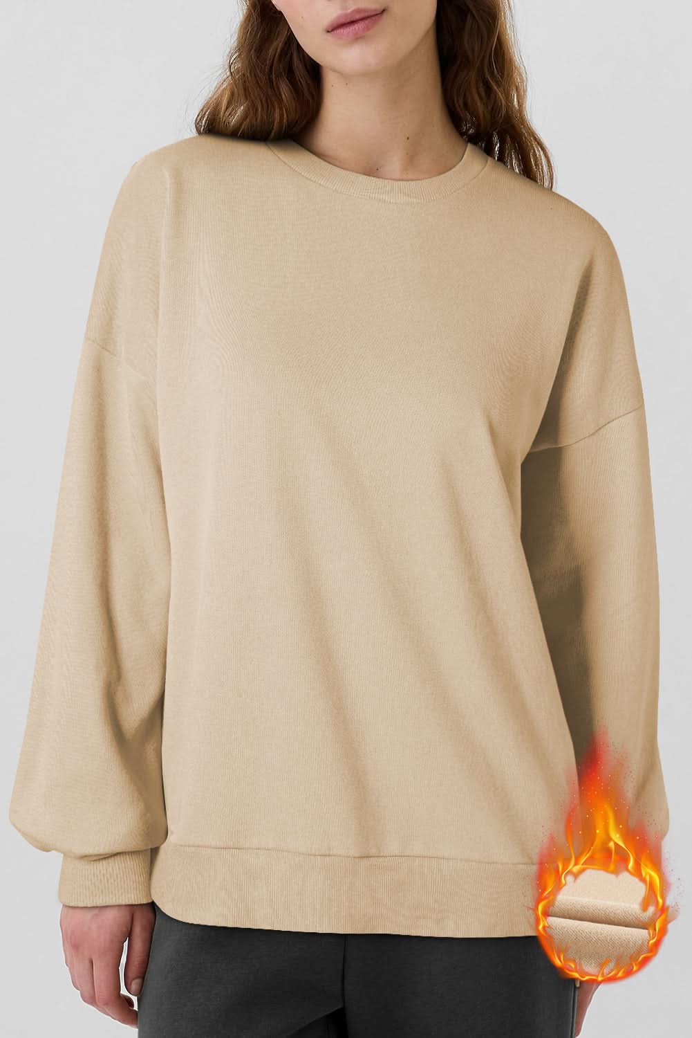 Apricot Solid Fleece Lined Drop Shoulder High Low Sweatshirt for Women - Cozy Oversized Pullover for Casual Wear, Street Style & Loungewear