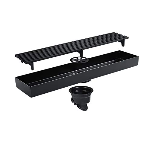 MMLLPP 11.8 Inch Black Linear Shower Drain - 304 Stainless Steel Rectangular Shower Floor Drain with Removable Cover Grid Grate | Odor-Resistant Bathroom Drain System for Modern Wet Room & Walk-In Showers