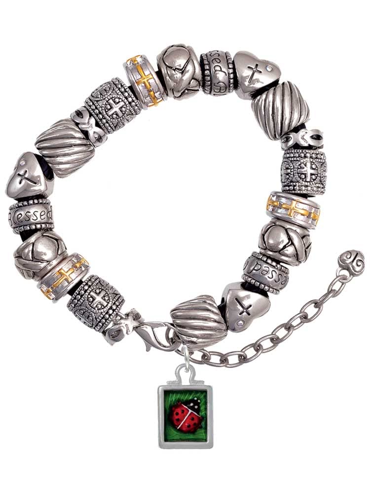 Delight Jewelry Christian Bead Bracelet - Silver Tone Red Ladybug Charm in Shadow Box Design (7