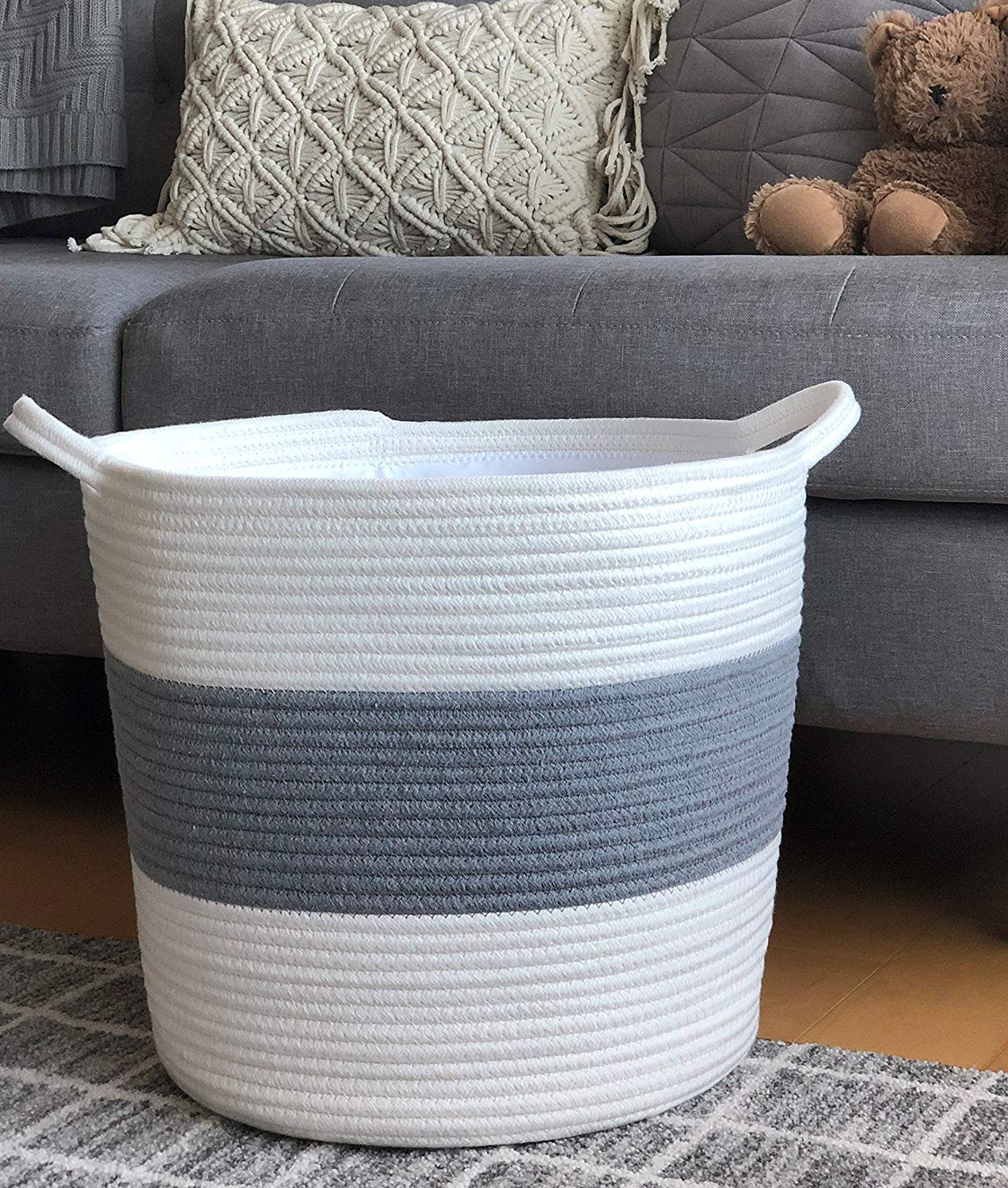 Large Cotton Rope Storage Basket with Liner - Handwoven Baby Toy Organizer & Blanket Holder - Durable Woven Basket with Handles for Nursery, Living Room, Bedroom Organization