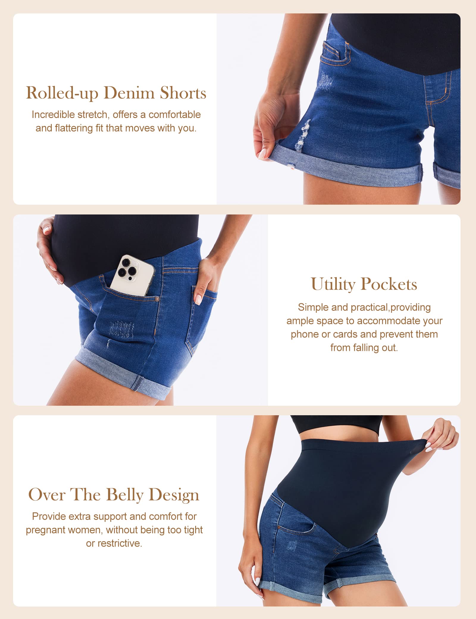 HOFISH Women's Maternity Denim Shorts - Over The Belly Stretchy Comfy Jean Shorts for Pregnancy, Casual & Workout - Perfect for Summer, Beach & Everyday Wear
