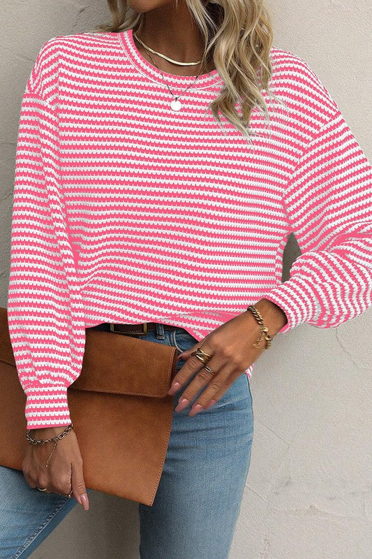 Stylish Striped Round Neck Drop Shoulder Long Sleeve T-Shirt for Women | Casual Comfort Wear | Perfect for Everyday Outfits, Layering & Fall Fashion