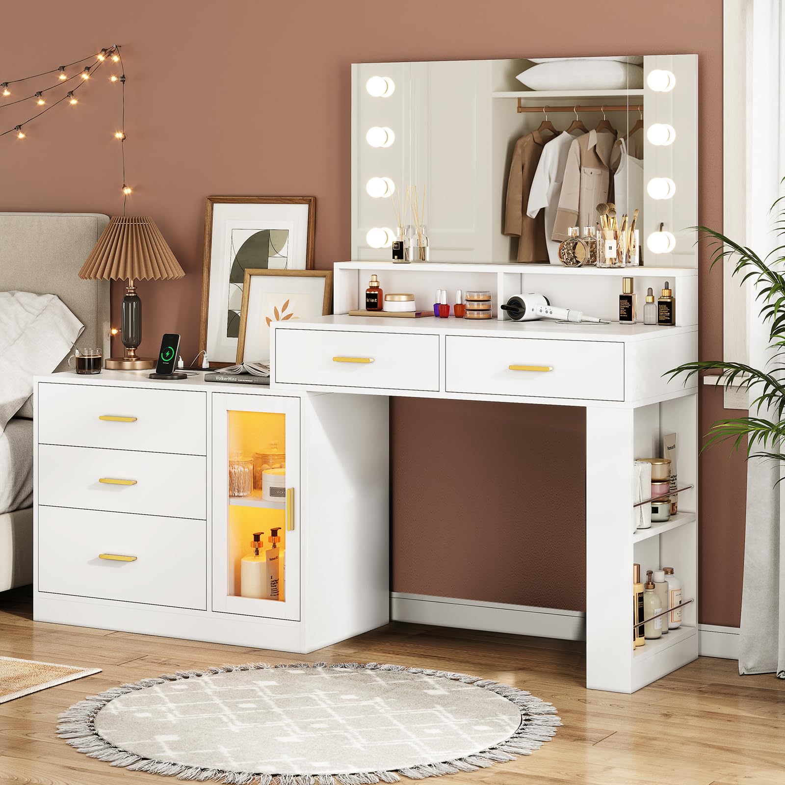 AOGLLATI White Makeup Vanity Desk with LED Mirror & Lights - 3 Drawers, 5 Storage Cabinets & USB Charging Station - 3 Adjustable Lighting Modes for Perfect Glam - Ideal for Bedroom, Dressing Room & Beauty Salon