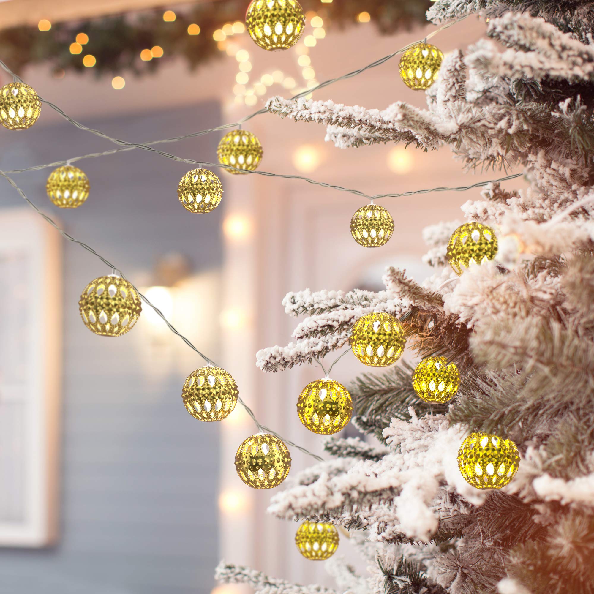 Gideon 20 LED Solar Powered Hollow Metal Ball Fairy Lights - Waterproof Holiday & Christmas String Lights for Indoor Outdoor Decor, Garden, Patio, Wedding, Party