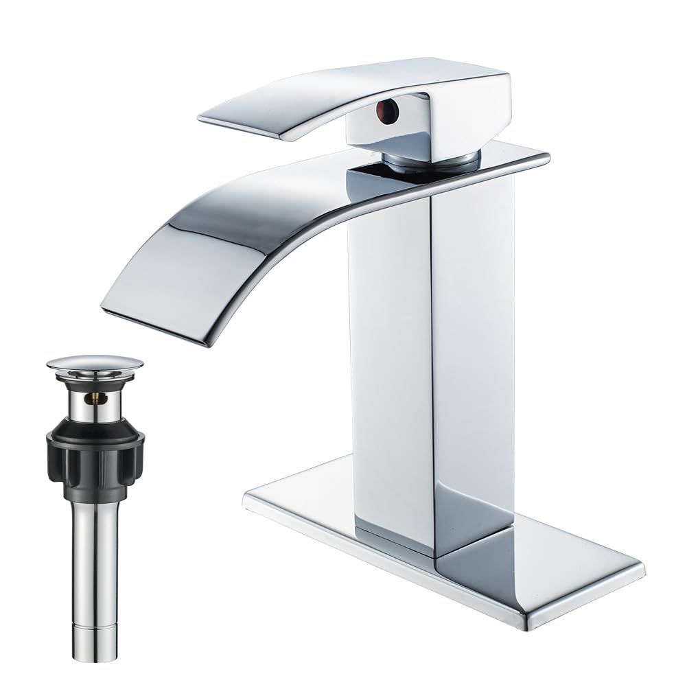 VOTON Chrome Waterfall Bathroom Sink Faucet - Modern Single Handle Bathroom Faucet for 1 or 3 Holes with Deck Plate & Pop-Up Drain - Perfect for RV, Camper, Farmhouse & Home Bathroom Renovation