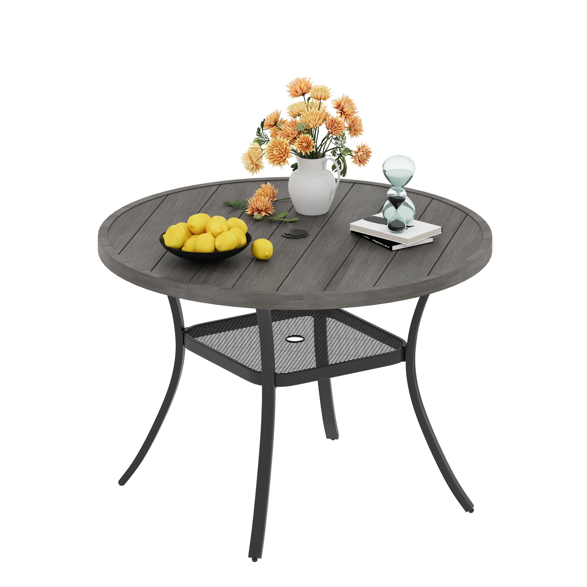 VICLLAX 40.6 Inch Round Metal Outdoor Dining Table with Umbrella Hole & Storage Shelf - Weather-Resistant Patio Table for 4 People, Perfect for Garden, Lawn, Deck, Backyard, BBQ & Outdoor Entertaining (Grey)