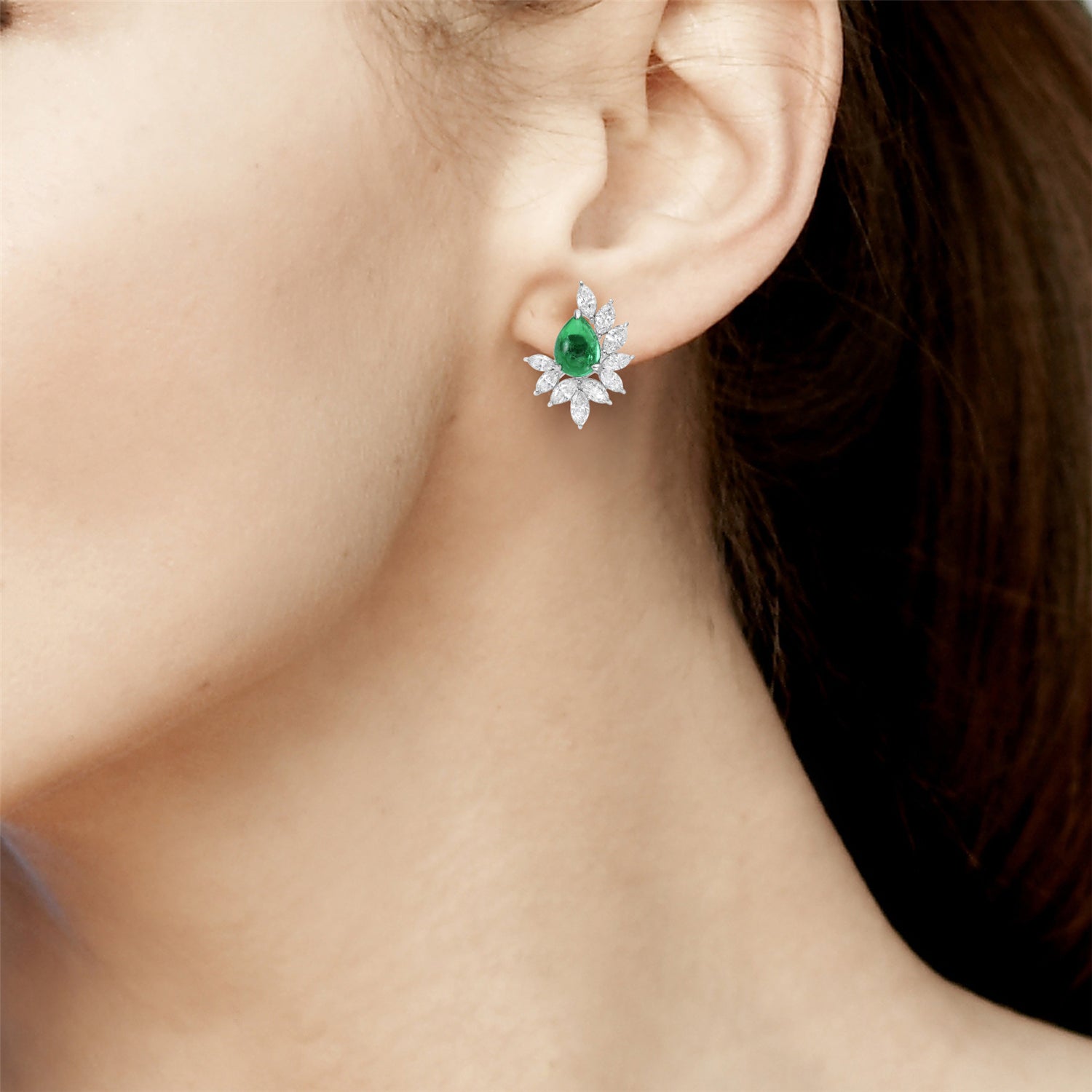 Exquisite Cabochon Emerald & Rose Cut Diamond Daisy Stud Earrings in 14K White Gold – Perfect for Weddings, Anniversaries & Special Occasions