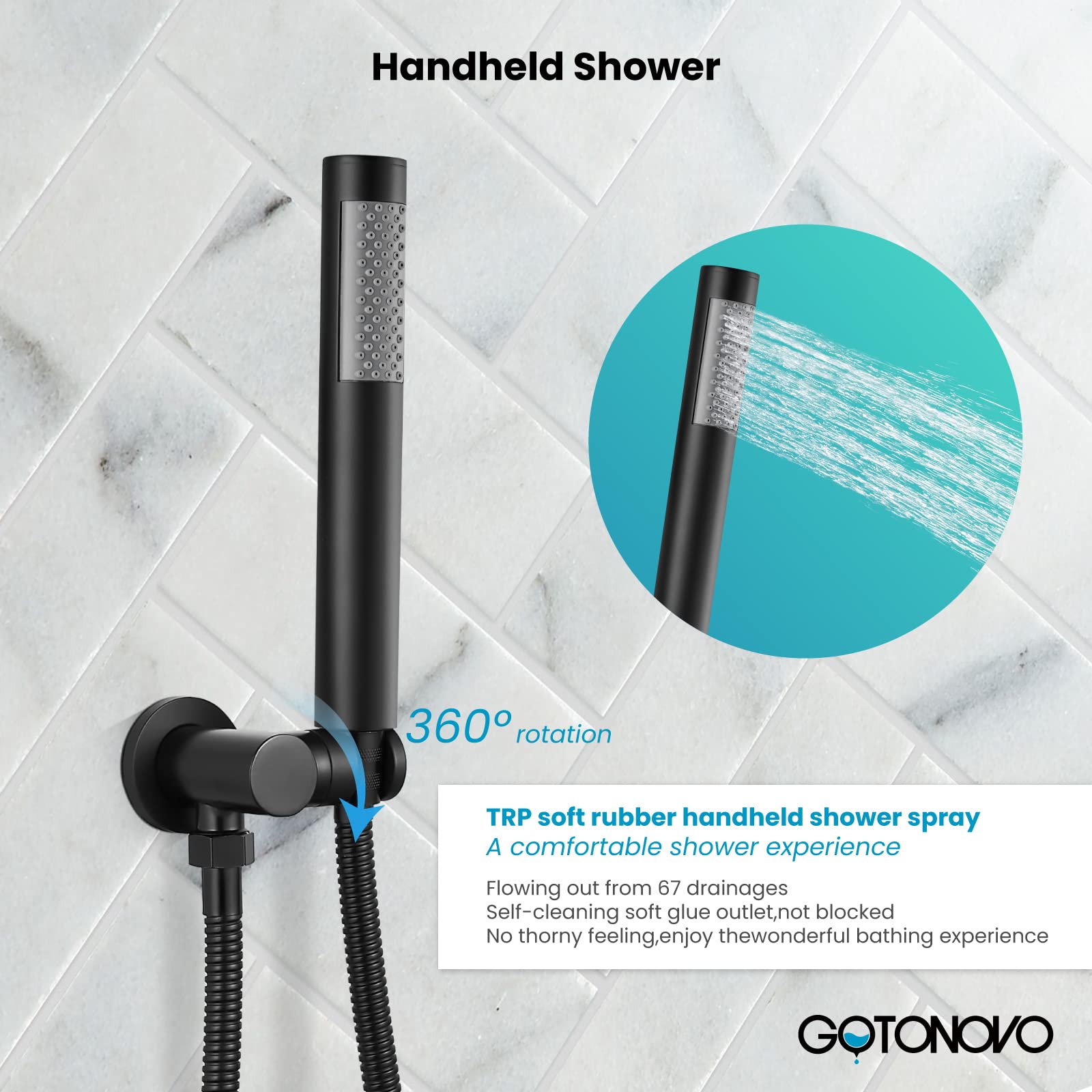 Gotonovo 12-Inch Round Rainfall Shower Faucet Set with 6 Body Jets - Matte Black Wall Mounted Luxury Shower Combo (Includes Rain Shower Head, Handheld Spray & Rough-in Valve) - Perfect for Spa-Like Bathroom Renovations & Modern Home Upgrades