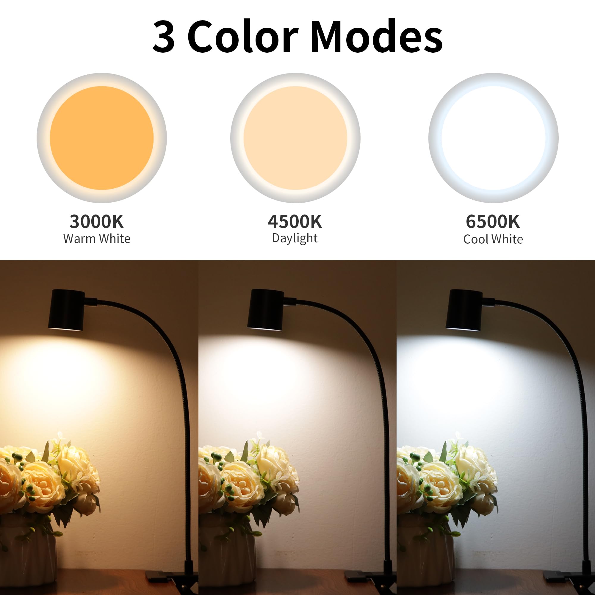 Dott Arts USB Clip On Desk Lamp - 3 Color Modes & 10 Brightness Levels, 360° Adjustable Gooseneck LED Reading Light for Home Office, Study, Bedroom Headboard - Eye-Caring Black Task Light for Work, Reading & Night Use