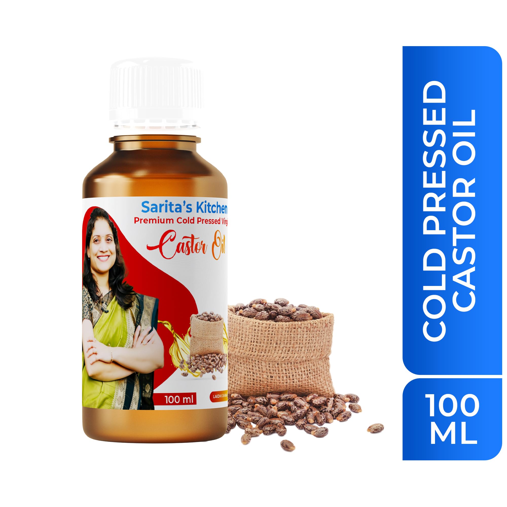 Organic Saritas Kitchen 100% Pure Cold-Pressed Castor Oil (Lakdi Ghana Erandel Tel) - 100ml for Hair Growth, Skin Care & Eyelash Treatment | Natural Ayurvedic Remedy for Dry Scalp, Acne & Beauty Regimen