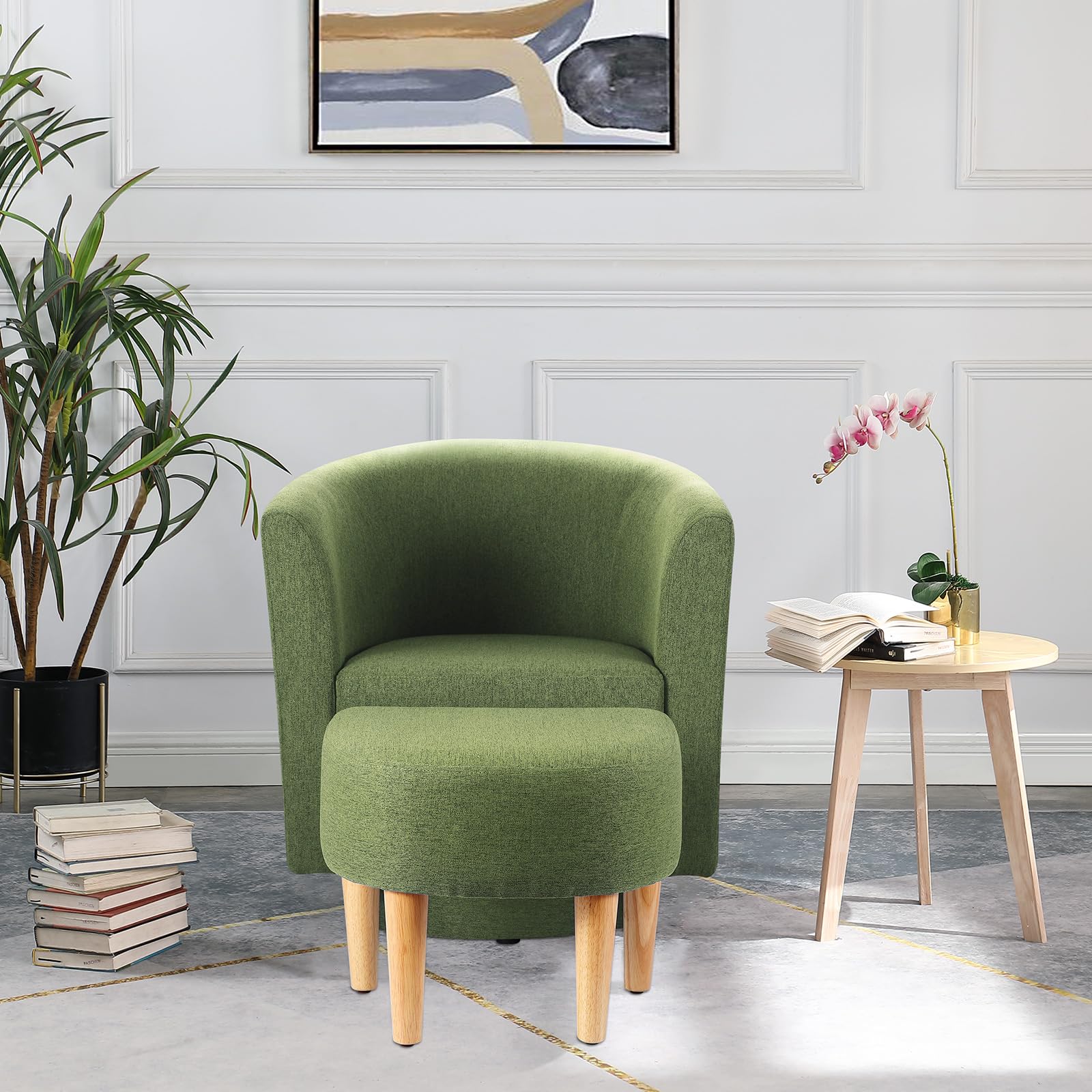 Mid Century Modern Accent Chair with Ottoman - Barrel Club Tub Sofa in Green Upholstery, Comfy Armchair with Footrest for Living Room, Bedroom & Reading Nook - Set of 1 - Perfect for Relaxing & Home Decor