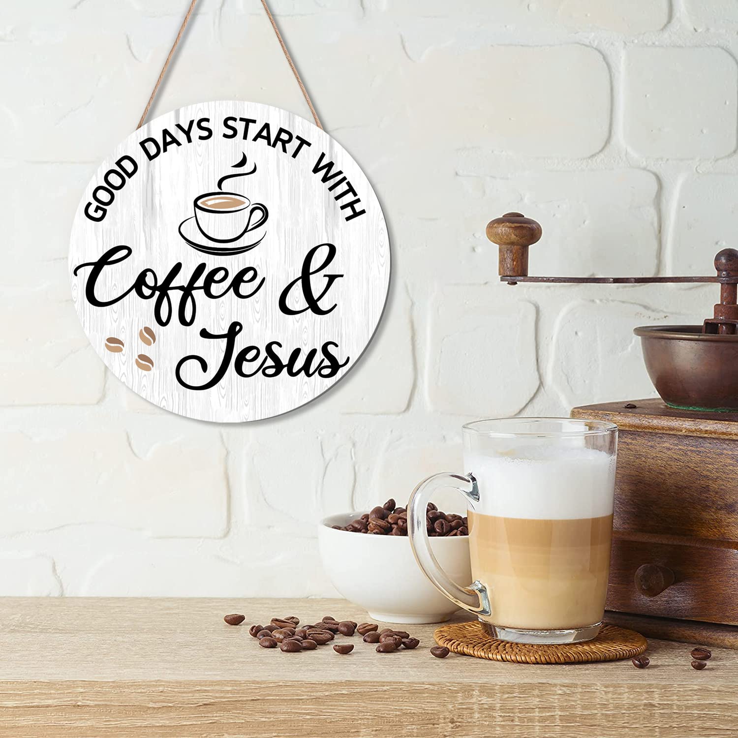 HMASYO Farmhouse Wood Coffee Bar Wall Sign - 'Good Days Start with Coffee & Jesus' - 12x12 Inch Rustic Home Decor for Kitchen, Office, Cafe & Coffee Station - Perfect Gift for Coffee Lovers (Great for Coffee Themed Spaces & Christian Home Decor)