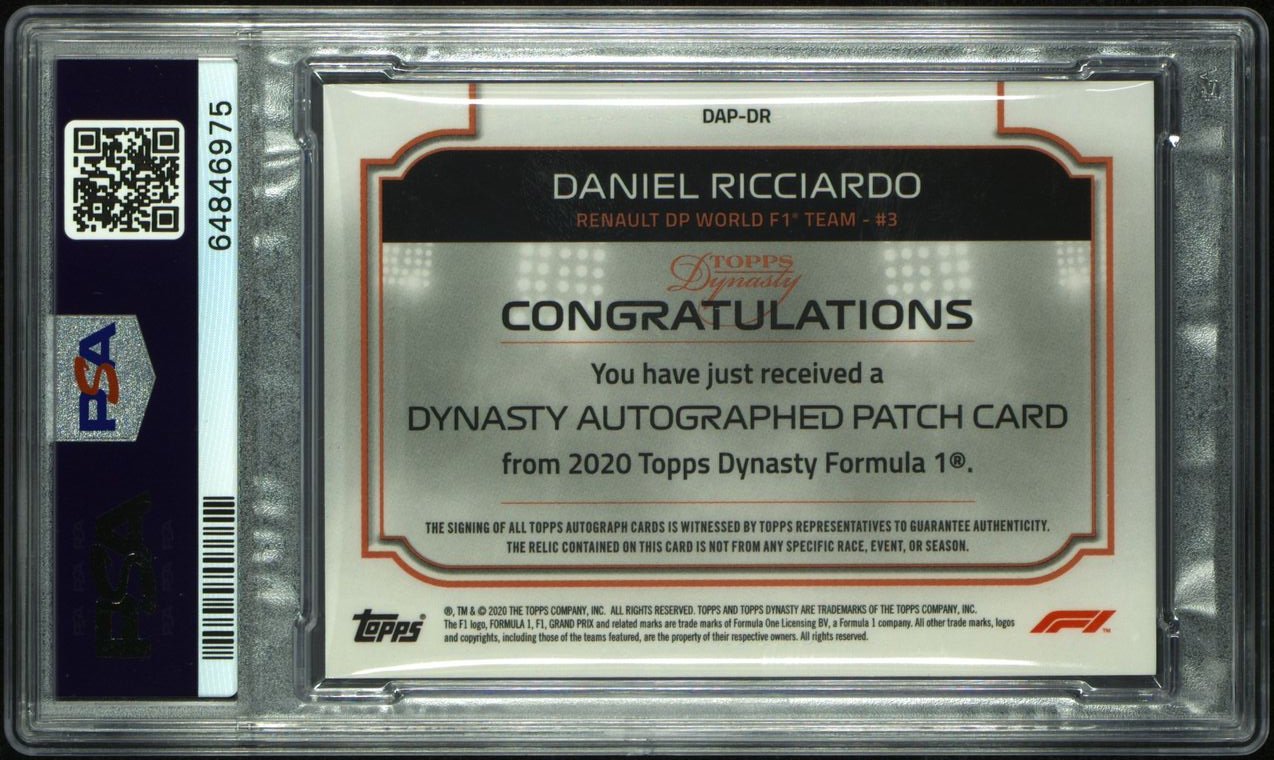 2020 Topps Dynasty F1 Daniel Ricciardo #DAP DR PSA 10 Auto Patch /10 - Rare F1 Trading Card for Collectors and Motorsport Fans