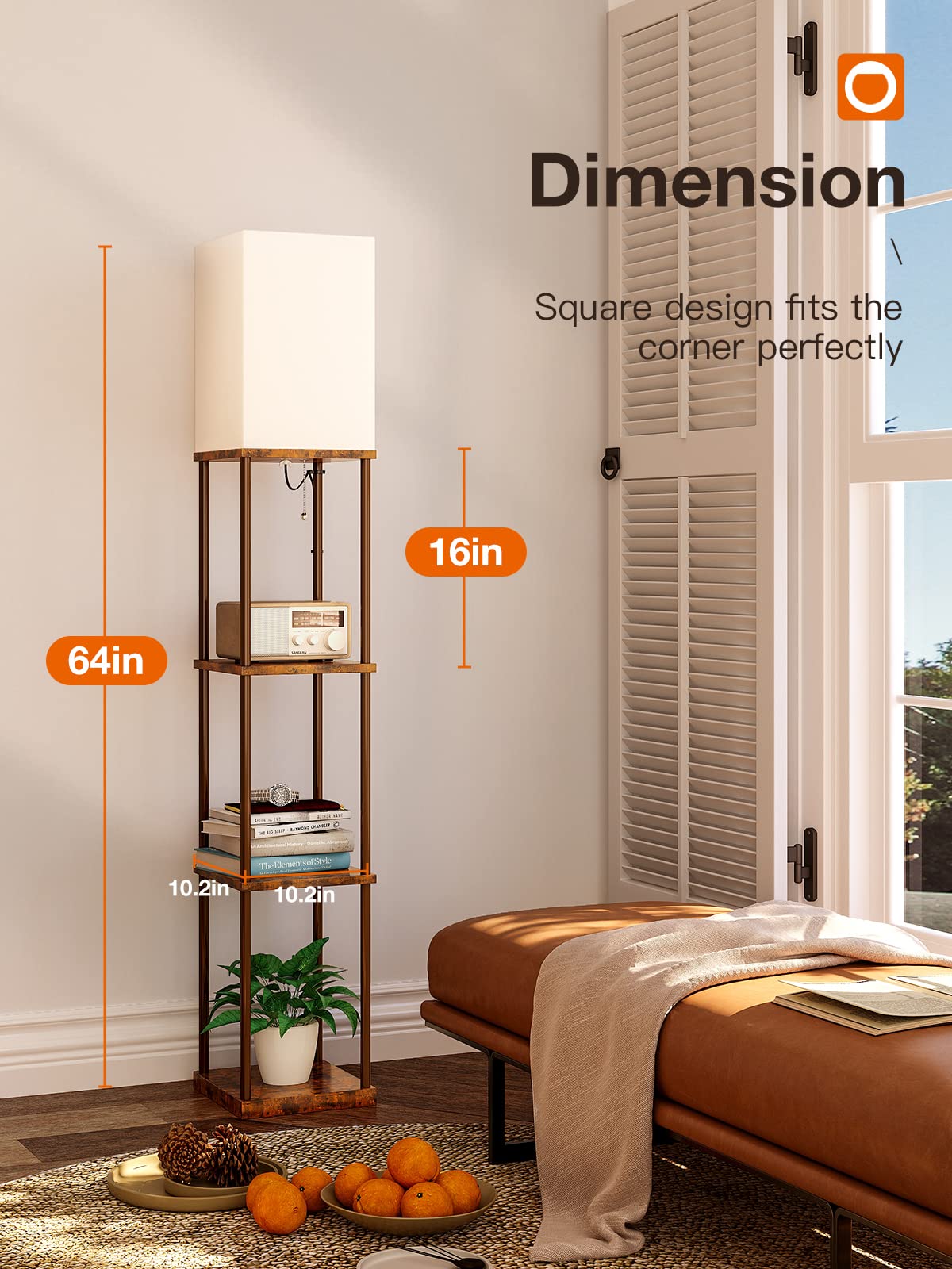 Addlon 4-Tier Modern Shelf Floor Lamp with 3CCT LED Bulb - Adjustable Brightness, Brown Wooden Display Lamp for Living Room, Bedroom, Office - Perfect for Reading, Decor & Space Saving Storage