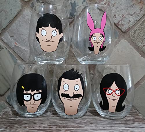 Set of 5 Bob's Burgers Hand Painted Wine Glasses - All Five Belcher Family Characters - Perfect for Themed Parties, TV Show Fans & Collectors