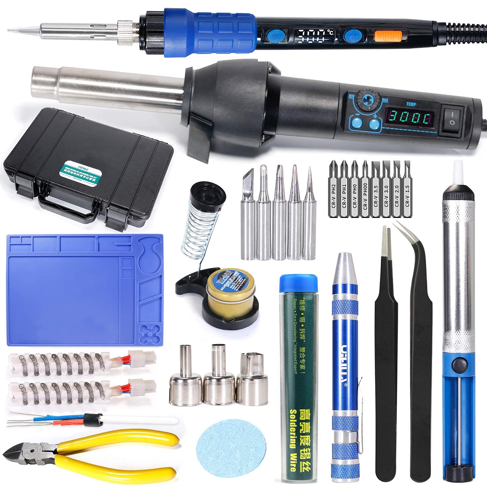 YIHUA 8858-I & 928D Soldering Station Kit with Hot Air Gun, Heating Element, Iron Holder, 23-Piece Cleaning Tools & Accessories - Perfect for Electronics Repair, DIY Projects, and Circuit Board Maintenance
