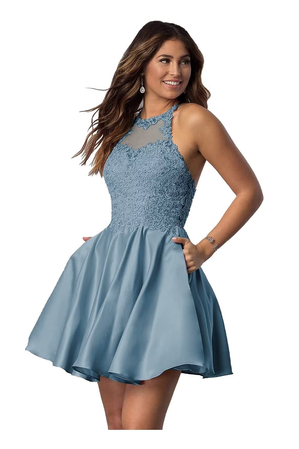 Elegant Lace Applique Short Homecoming Dress with Pockets | Halter Prom Dress for Teens | 2022 Satin Cocktail Party Dress | Perfect for Dances, Formals & Special Occasions