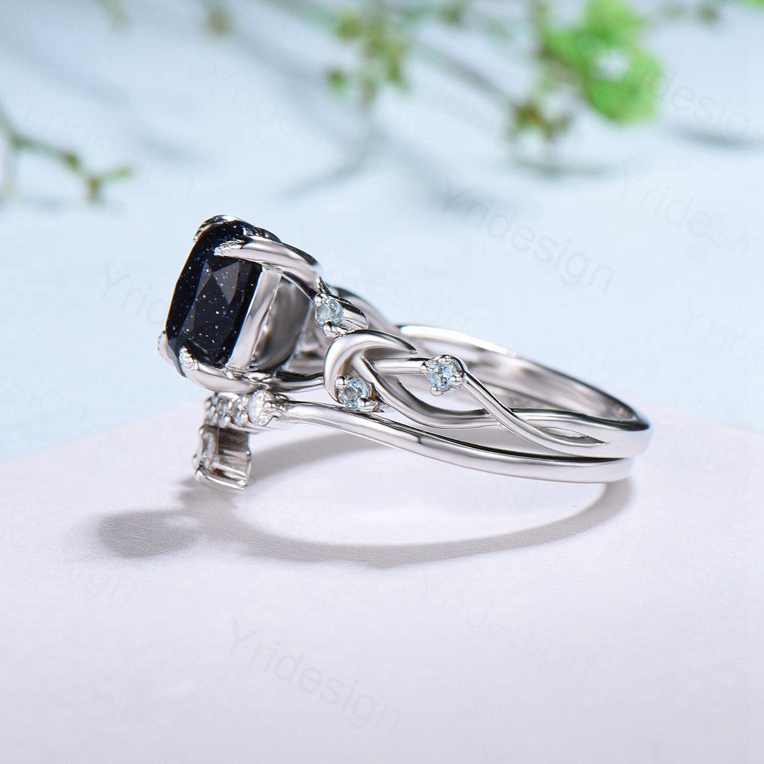 1.5CT Oval Galaxy Blue Sandstone Engagement Ring Set for Women - Twig Swiss Topaz Wedding Band, Unique Branch Bridal Jewelry Set, Personalized Gift for Her - Perfect for Proposals, Anniversaries & Special Occasions