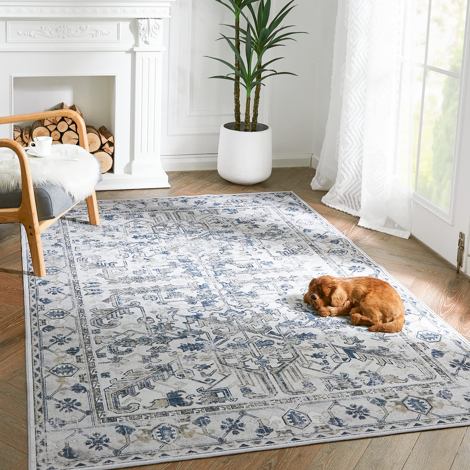 Jinchan 4x6 Washable Persian Vintage Boho Area Rug - Non-Slip Thin Accent Rug with Retro Floral Print - Perfect for Bedroom, Living Room & Kitchen Decor - Blue Indoor Mat for Home & Office Use