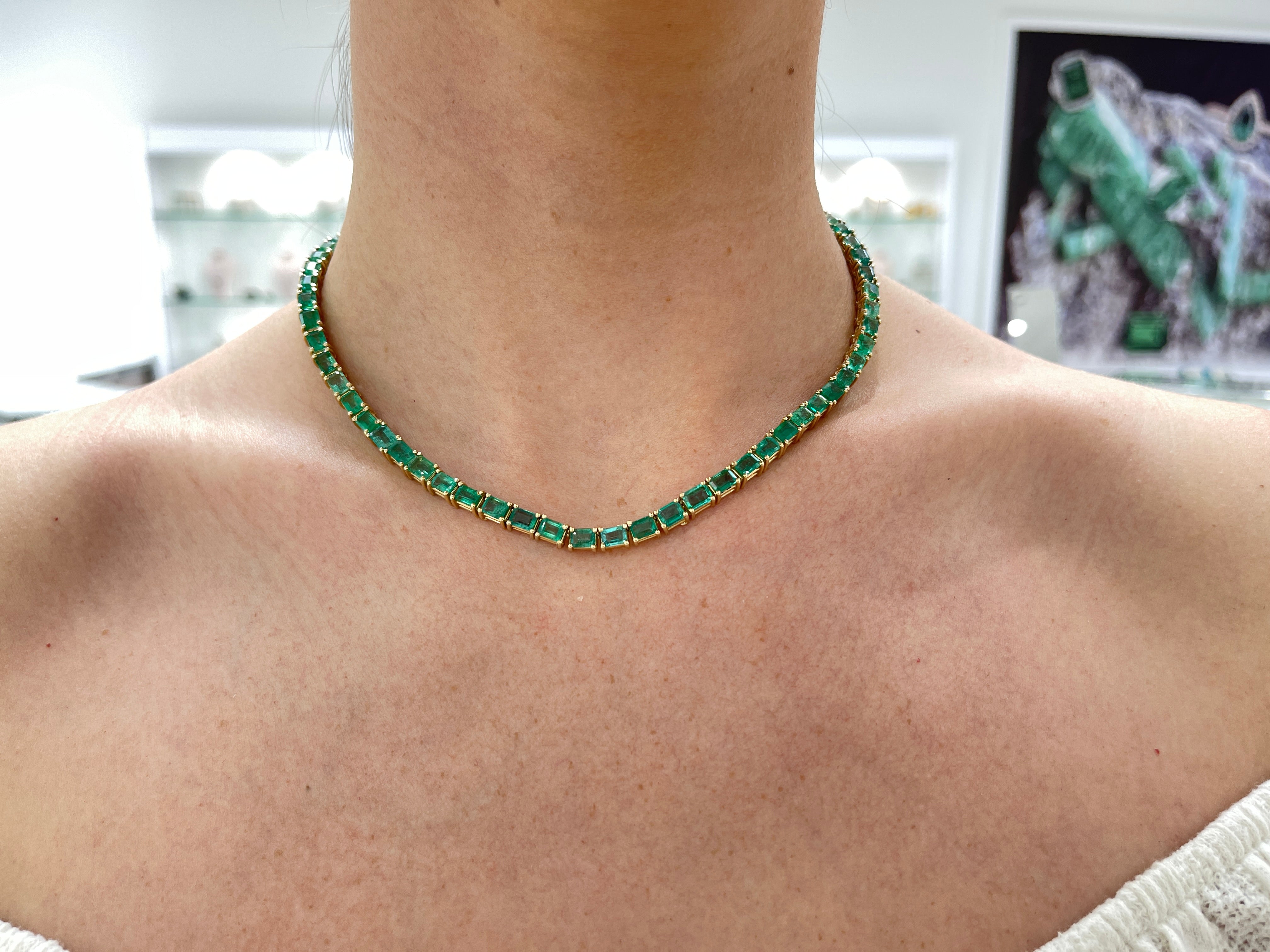 46.28 Carat Large Emerald Cut Prong Tennis Necklace in Solid 14K Yellow Gold | Elegant Jewelry for Weddings, Parties & Special Occasions