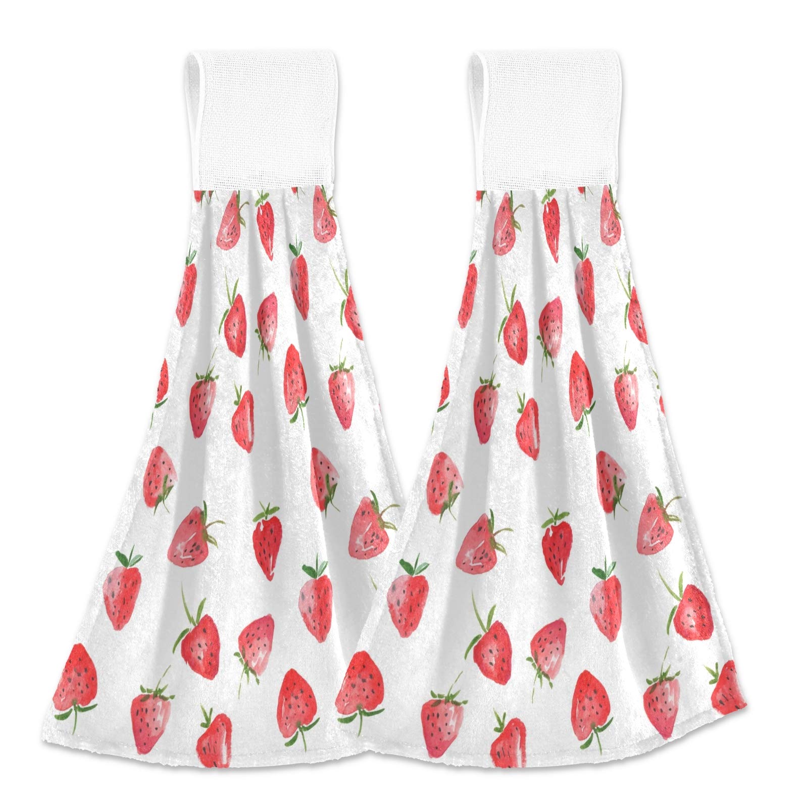 **Premium Strawberry Print Kitchen Towels Set of 2 - 12x17 Inch Soft Absorbent Dish Cloths & Hand Towels with Hanging Loop - Cute Home Decor for Kitchen, Bathroom & Farmhouse Style**    *(Use Cases: Perfect for drying dishes, hands, or as decorative accents in rustic kitchens, cozy bathrooms, and farmhouse-themed spaces.)*