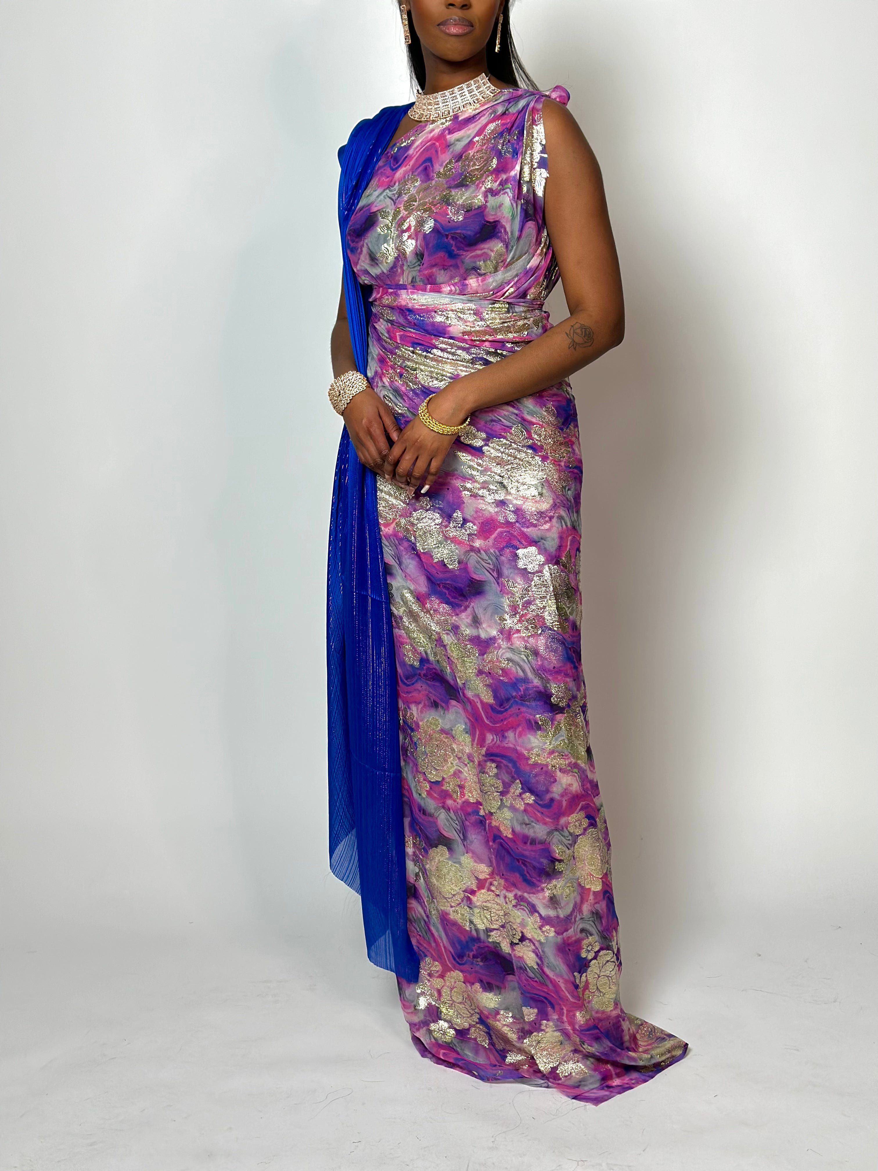 Elegant Purple and Pink Somali Dirac with Royal Blue Accents - Traditional African Scarf for Women, Perfect for Weddings, Parties, and Cultural Events