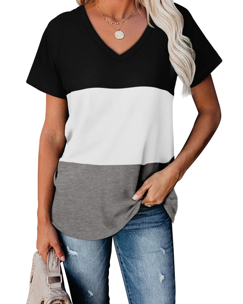 WEESO Women's V-Neck Color Block T-Shirt - Summer Short Sleeve Casual Top for Everyday Wear, Outings & Beach Days