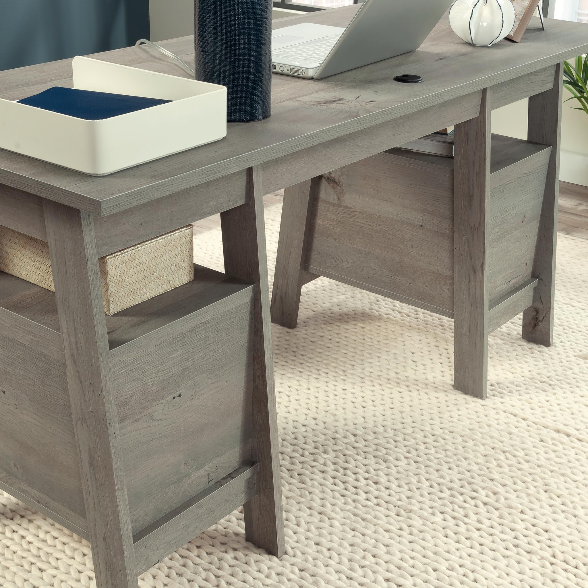 Sauder Trestle Office Desk with Drawers - Executive Writing Desk with File Cabinet Storage, Shelves & Cable Management in Mystic Oak Finish - Perfect for Home Office, Study Room & Workspace Organization