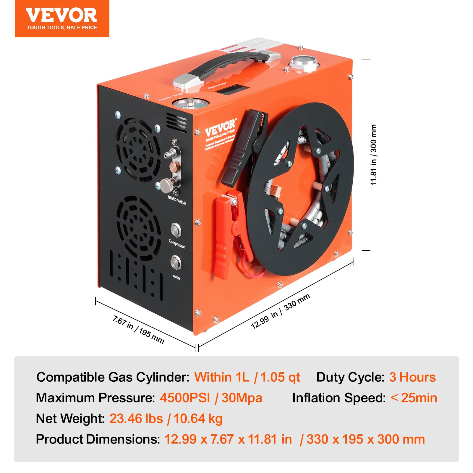 VEVOR 4500PSI PCP Air Compressor - Portable High Pressure Air Gun Pump with Water & Fan Cooling, Auto Shut Off | 12V DC/120V AC for Paintball Tanks, Air Rifles & Scuba Diving | Perfect for Hunting, Shooting Sports and Underwater Adventures