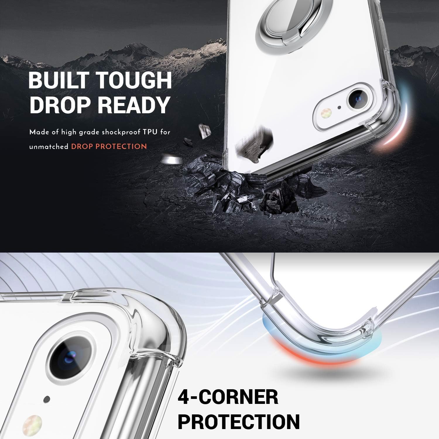 Premium Shockproof iPhone SE 2020/2022 Case, iPhone 8 Case & iPhone 7 Case - Clear Protective Bumper with Ring Kickstand | Shock-Absorbing Cover for iPhone SE3/SE2/7/8 | Perfect for Outdoor Activities, Work & Everyday Protection