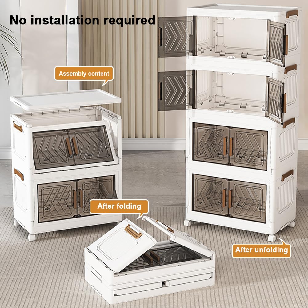 4-Tier Stackable Storage Bins with Lids, Doors & Wheels - Foldable Storage Cabinet Shelf Organizer for Bedroom, Living Room, Office - Perfect for Clothes, Toys, Books & Home Organization