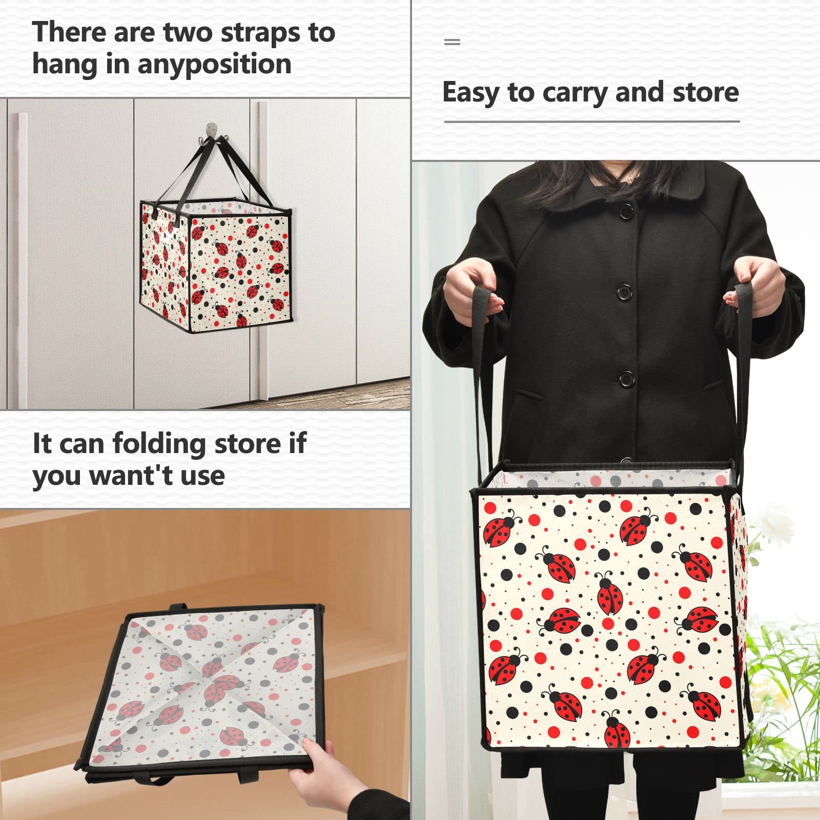 Red Ladybug Print Collapsible Fabric Storage Bins with Handles - 10.6x10.6x10.6 Inch Square Organizer for Toys, Nursery, Closet & Shelves | Cute Home Decor for Kids Room & Playroom Organization